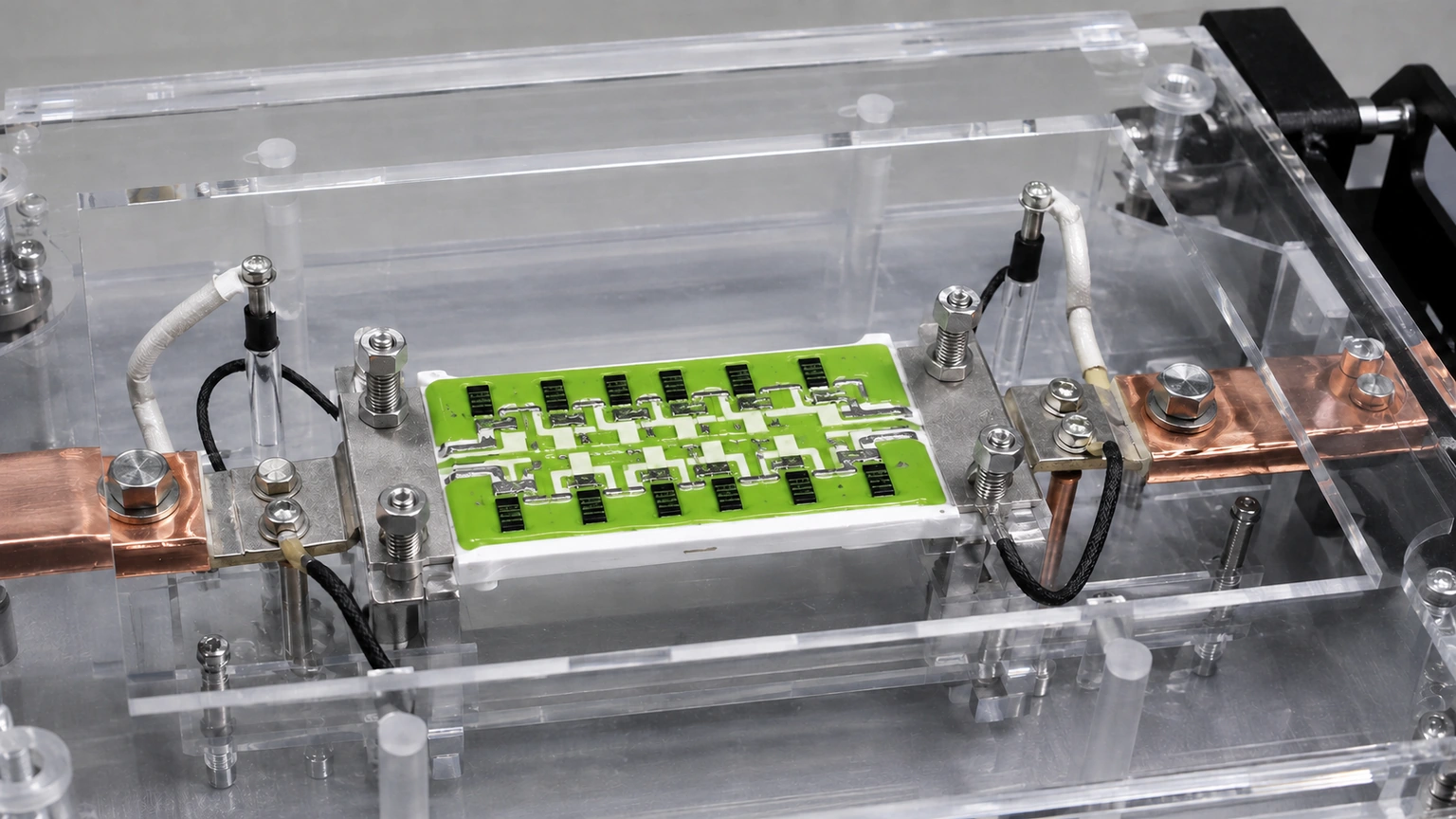 High-resolution industrial engineering scene showing battery test fixture in a clean thick-film ceramic circuit context.