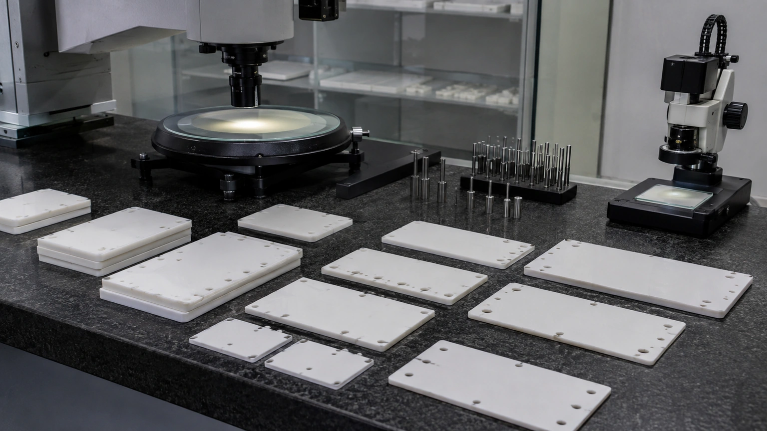 High-resolution industrial engineering scene showing blank substrate metrology in a clean thick-film ceramic circuit context.