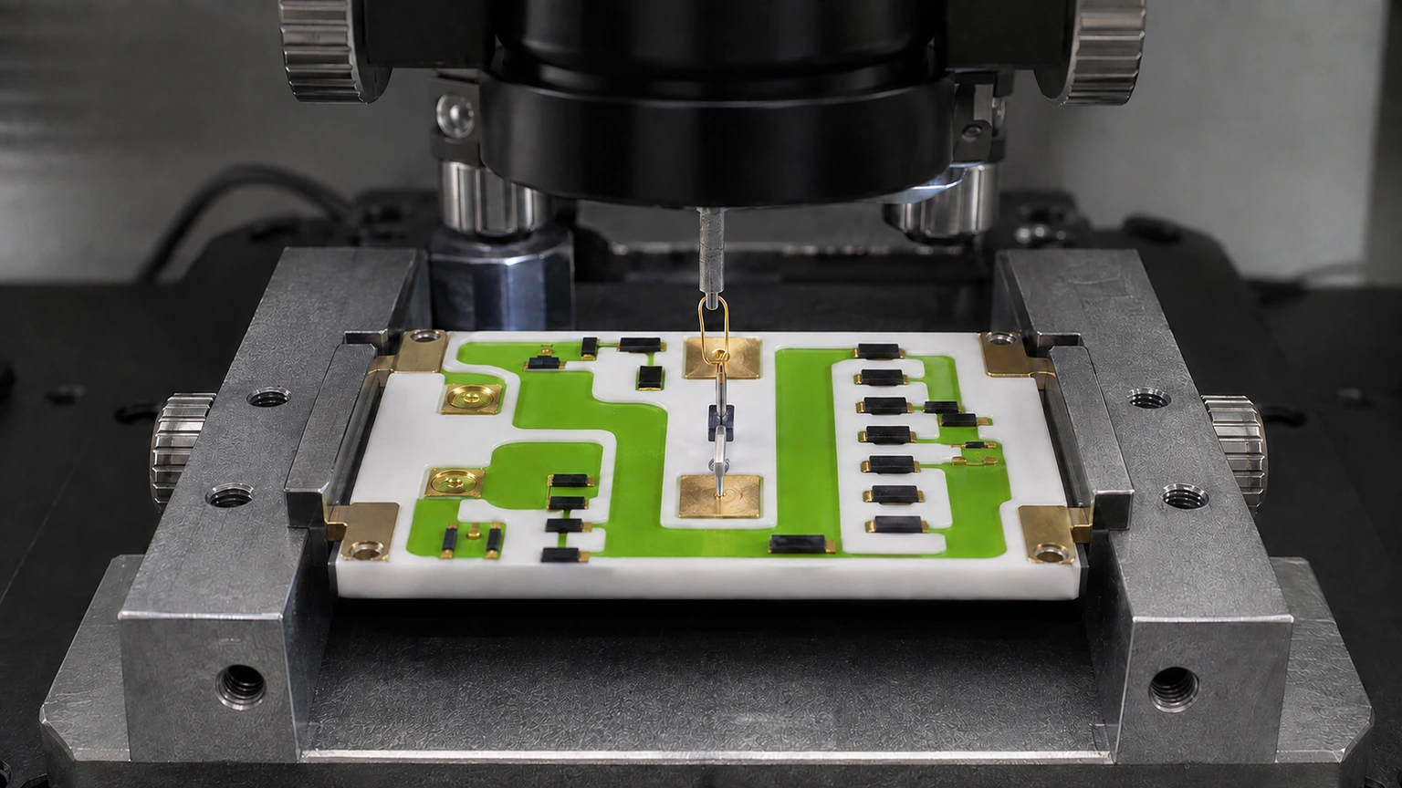 High-resolution industrial engineering scene showing bond pull test in a clean thick-film ceramic circuit context.