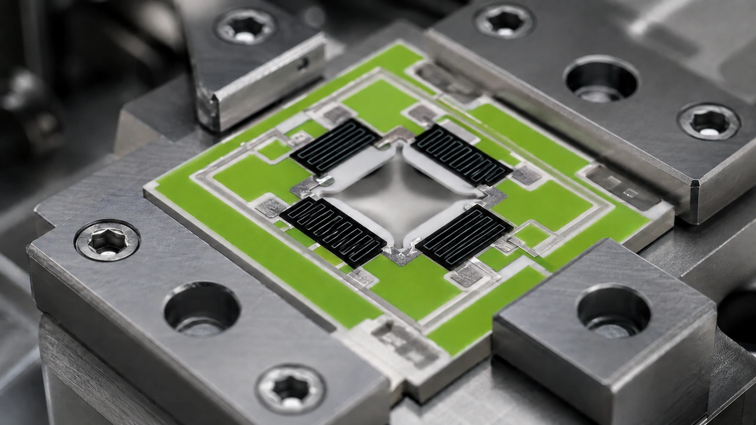 High-resolution industrial engineering scene showing bridge sensor fixture in a clean thick-film ceramic circuit context.