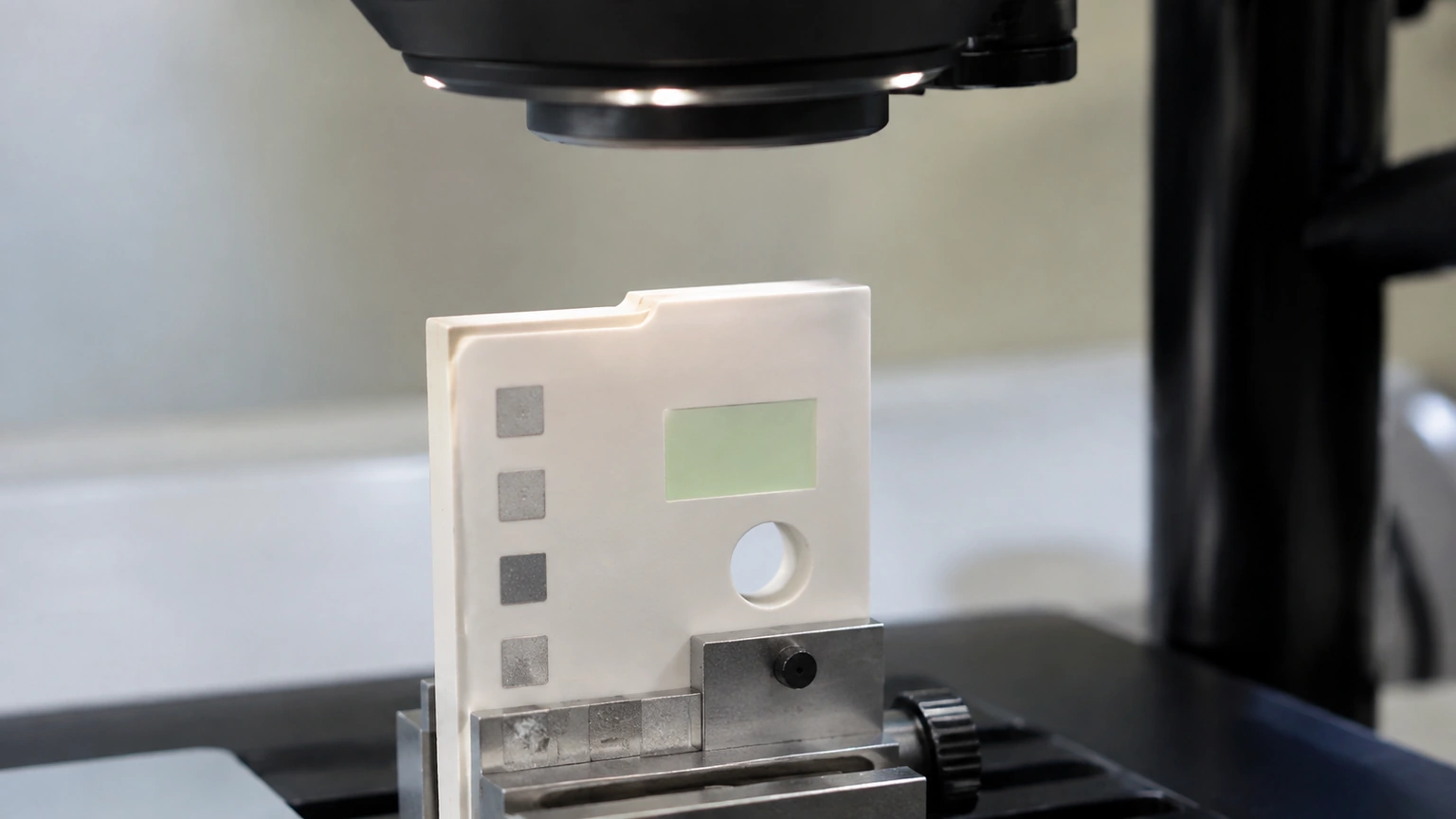 High-resolution industrial engineering scene showing ceramic edge metrology in a clean thick-film ceramic circuit context.