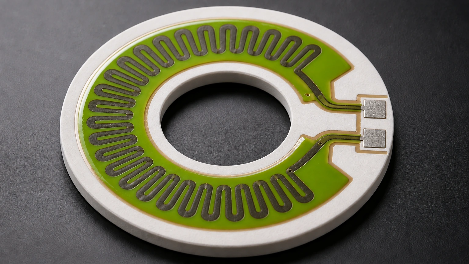 High-resolution industrial engineering scene showing ceramic heater ring in a clean thick-film ceramic circuit context.