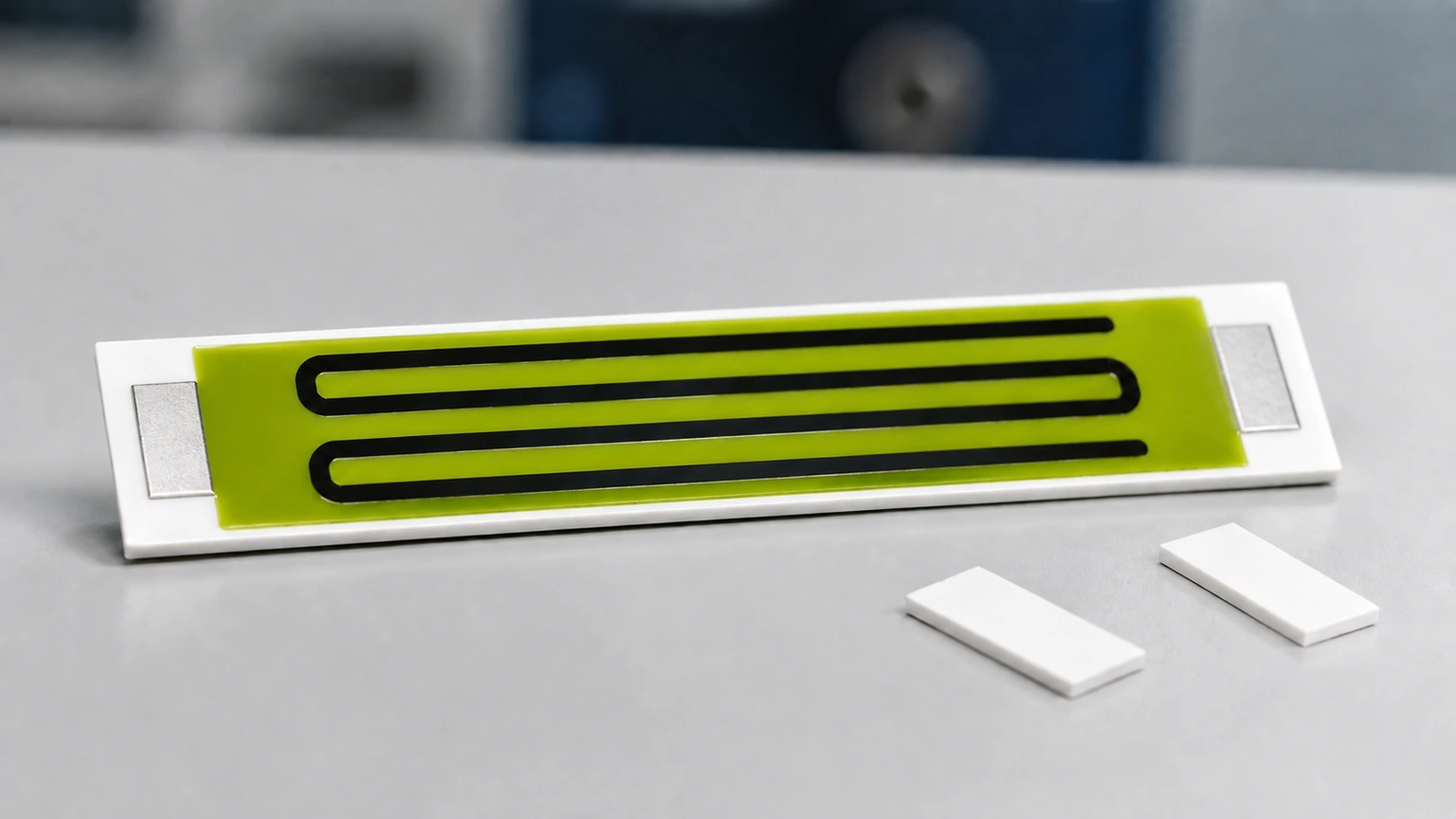 High-resolution industrial engineering scene showing ceramic heater in a clean thick-film ceramic circuit context.
