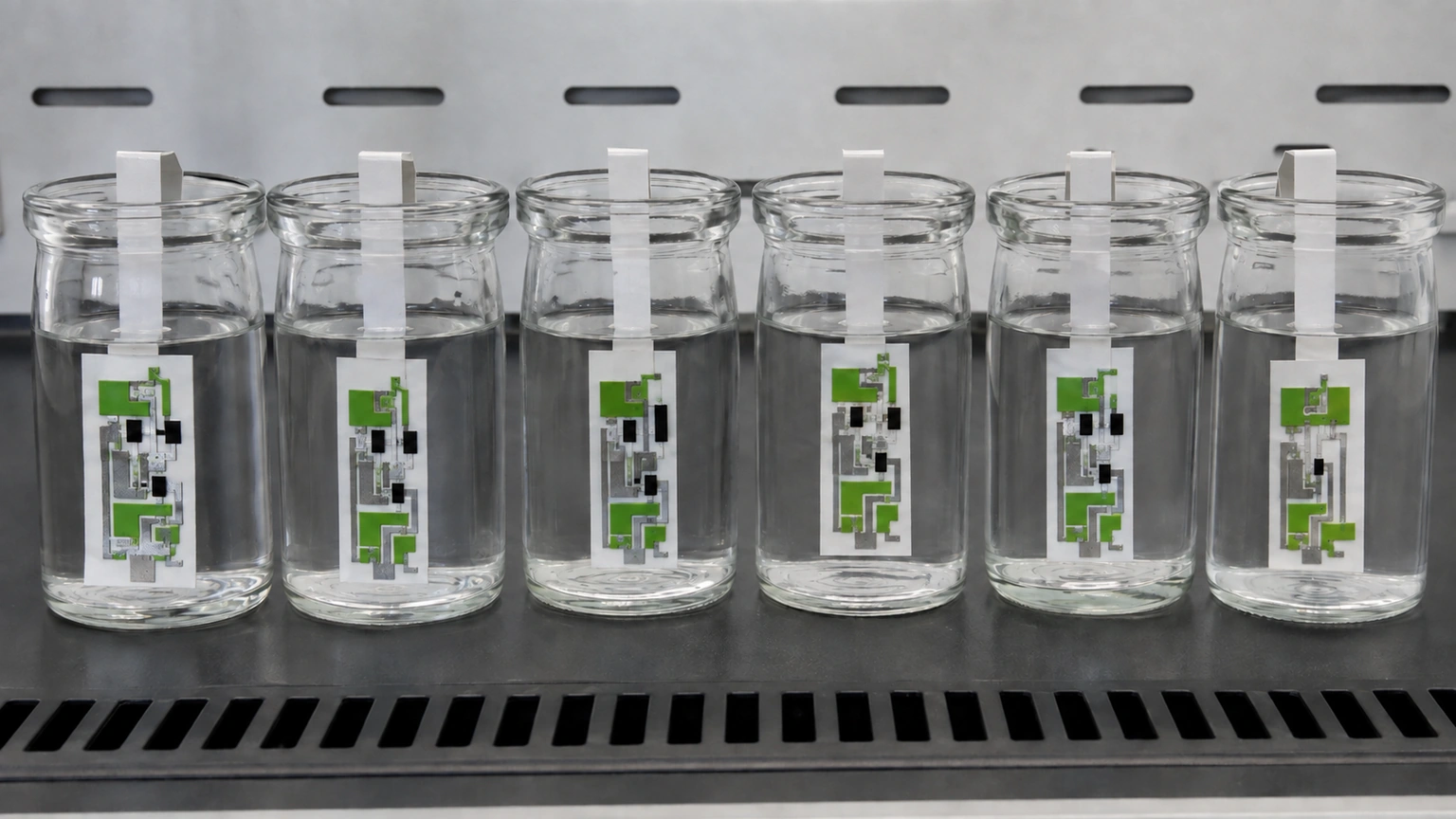 High-resolution industrial engineering scene showing chemical exposure in a clean thick-film ceramic circuit context.