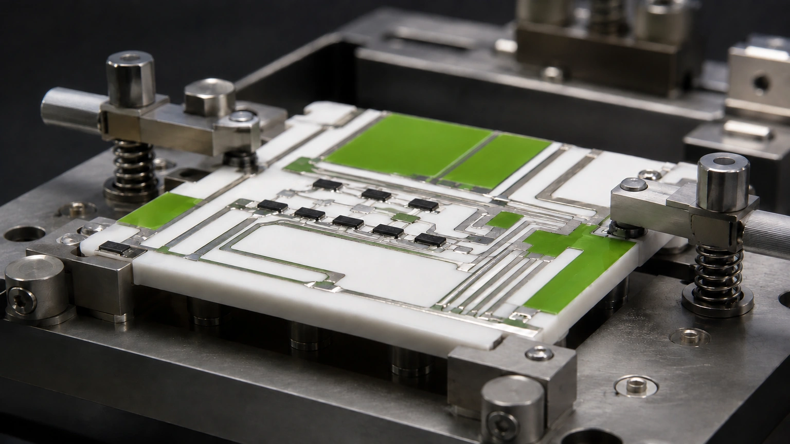 High-resolution industrial engineering scene showing clamp load fixture in a clean thick-film ceramic circuit context.