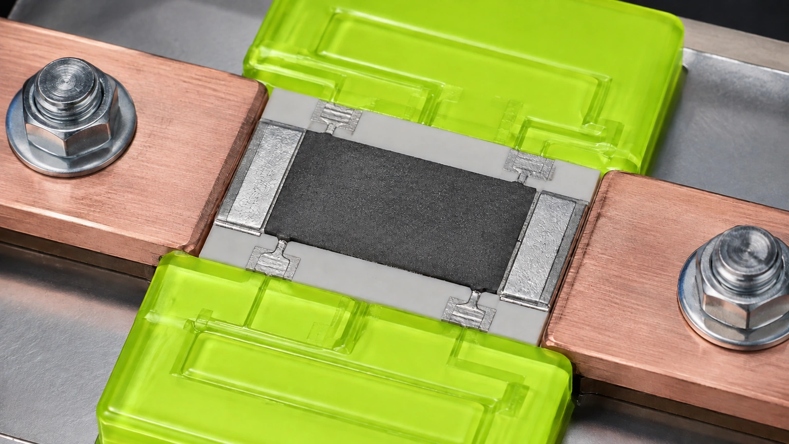High-resolution industrial engineering scene showing current sense element in a clean thick-film ceramic circuit context.