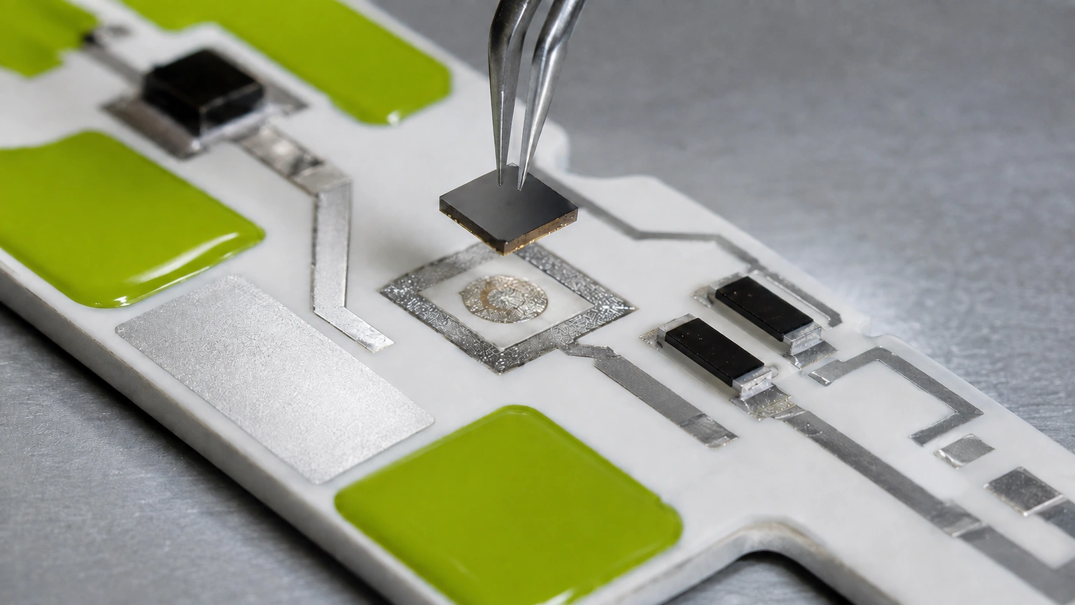High-resolution industrial engineering scene showing die attach process in a clean thick-film ceramic circuit context.