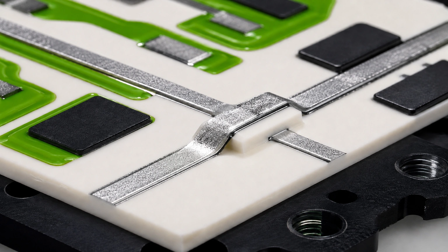 High-resolution industrial engineering scene showing dielectric crossover in a clean thick-film ceramic circuit context.