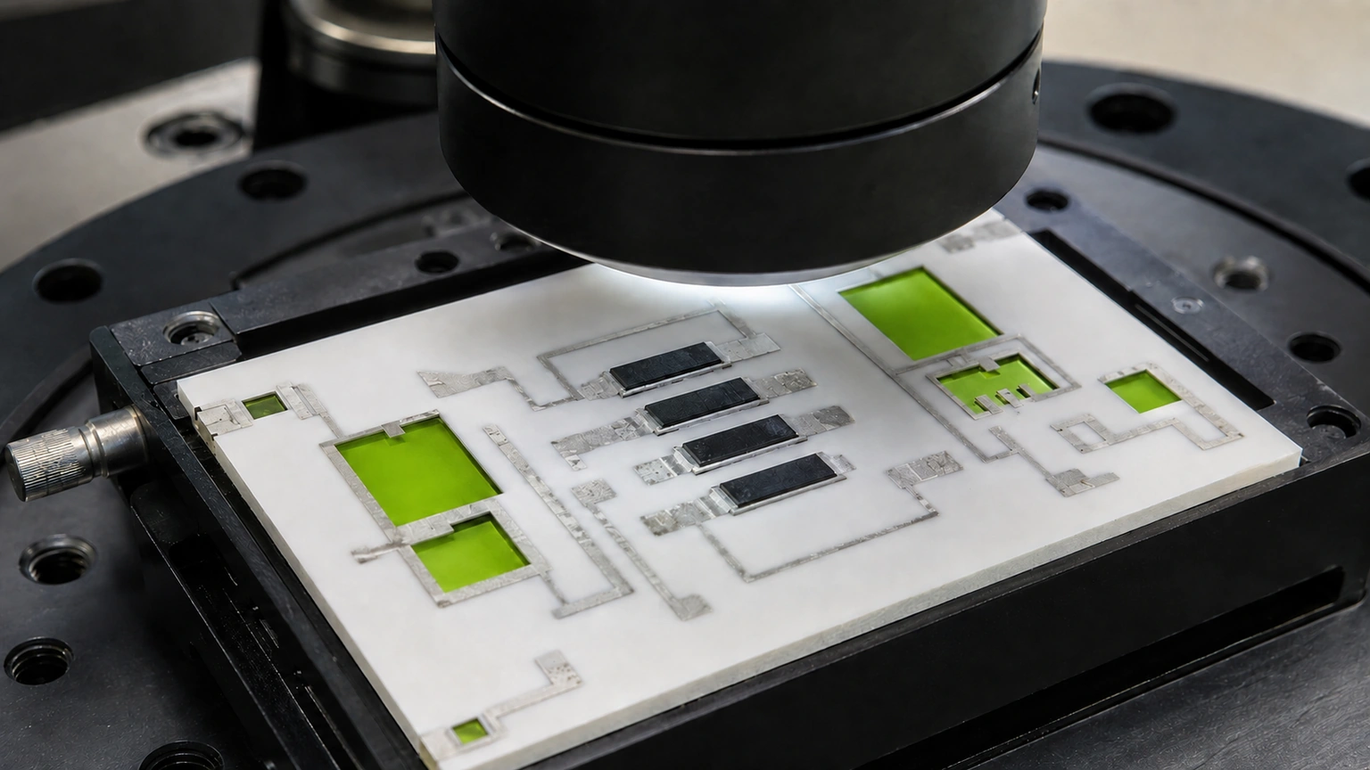 High-resolution industrial engineering scene showing digital microscopy in a clean thick-film ceramic circuit context.
