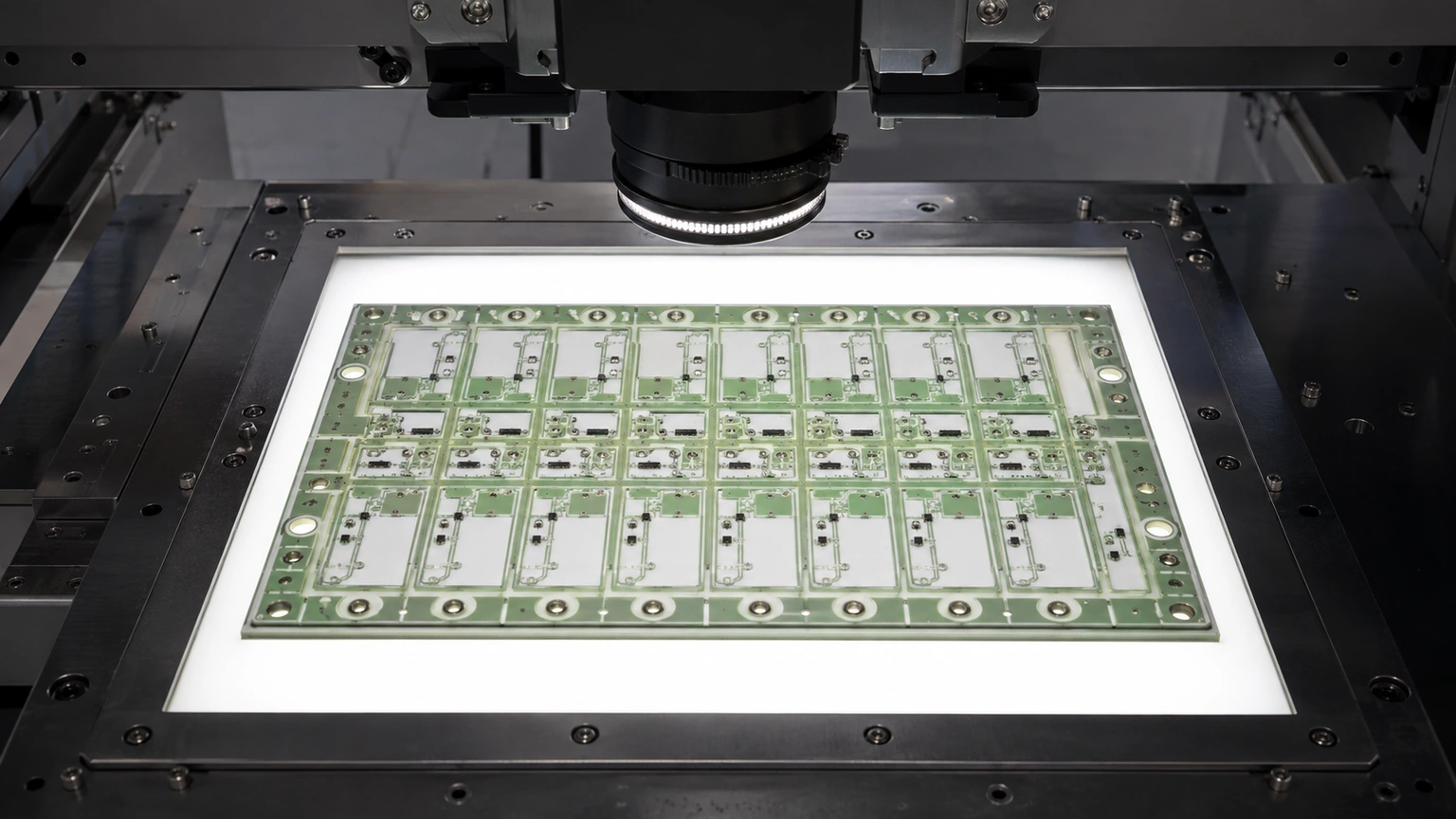 High-resolution industrial engineering scene showing dimensional inspection in a clean thick-film ceramic circuit context.