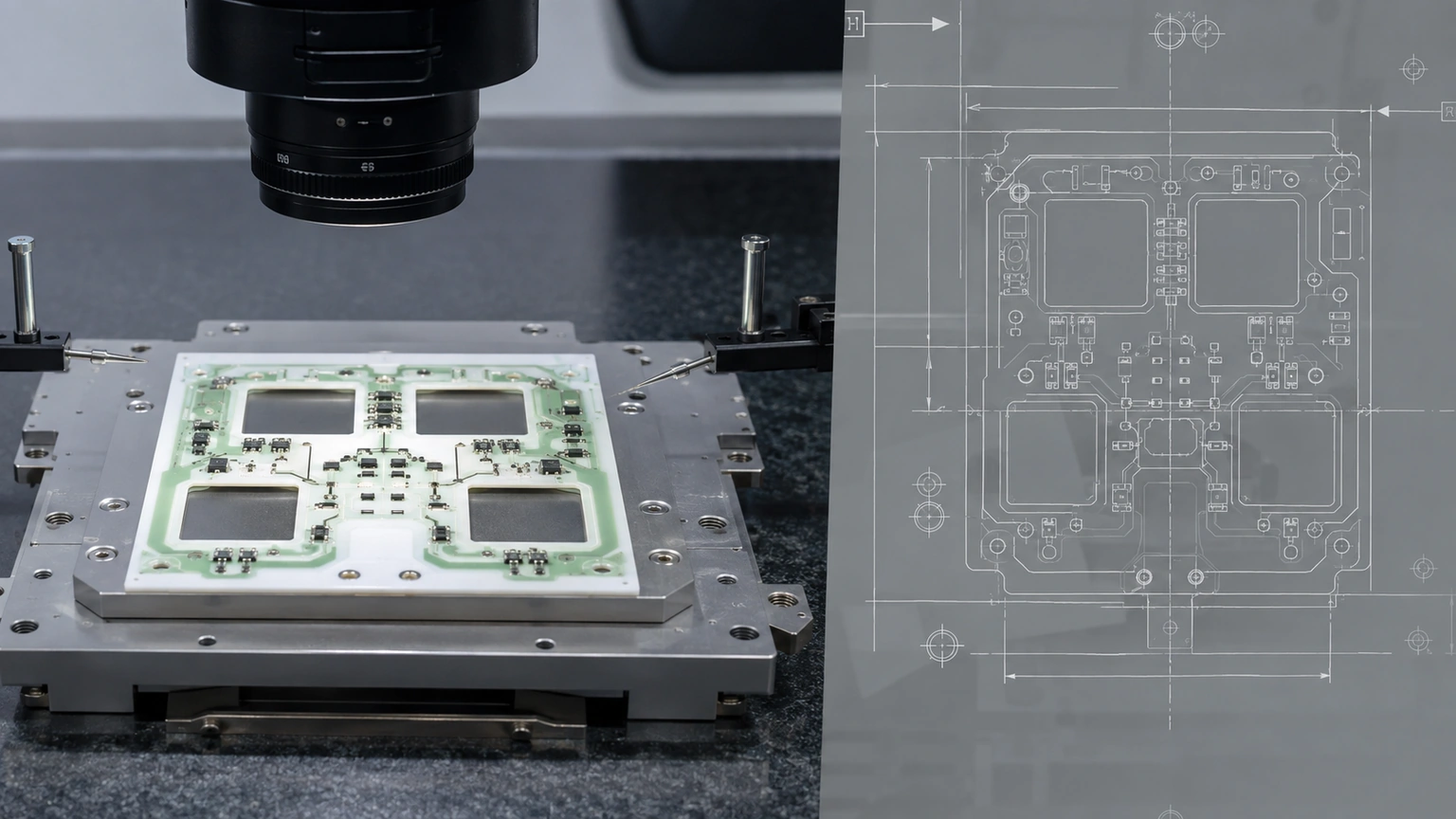 High-resolution industrial engineering scene showing drawing revision metrology for thick-film ceramic circuit review.