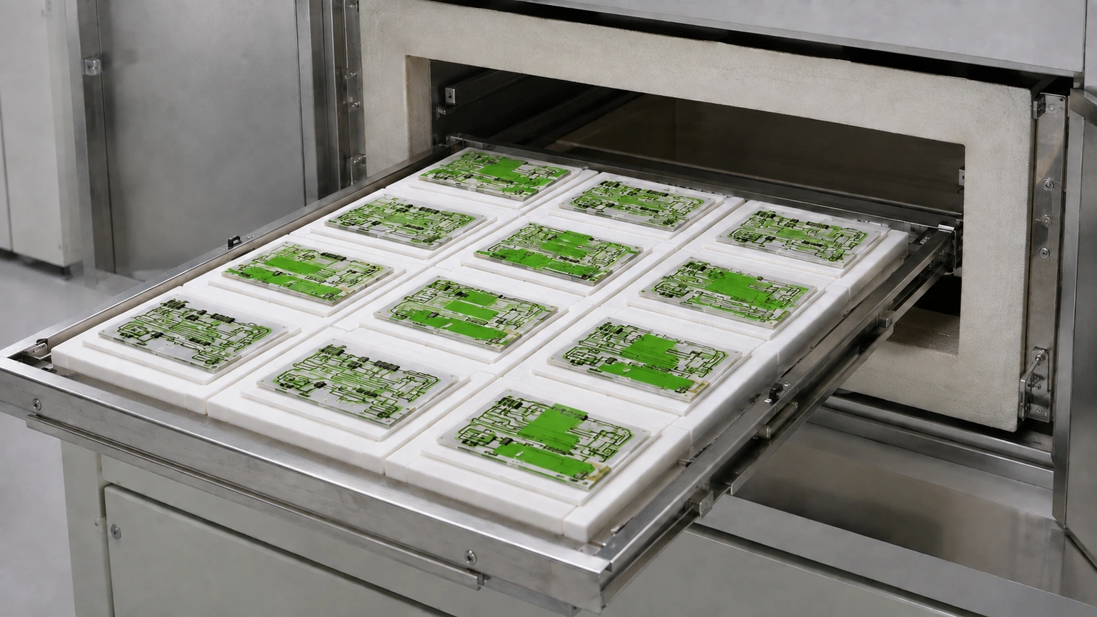 High-resolution industrial engineering scene showing drying oven panels in a clean thick-film ceramic circuit context.