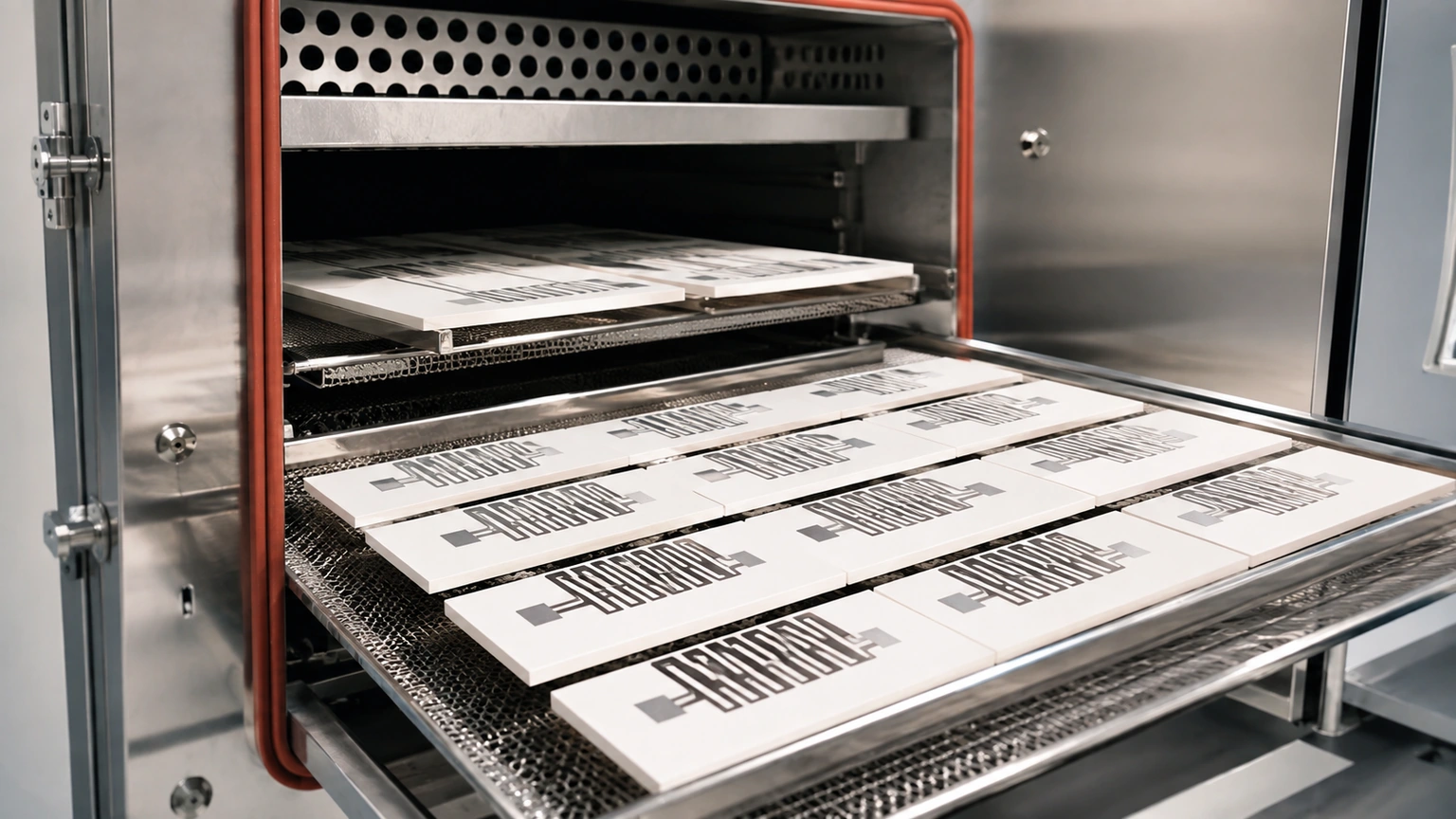 High-resolution industrial engineering scene showing drying oven in a clean thick-film ceramic circuit context.