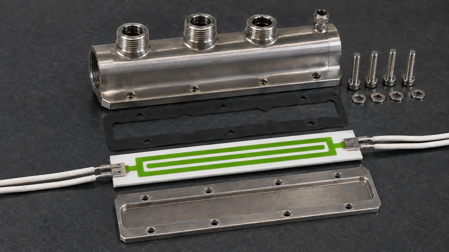 High-resolution industrial engineering scene showing fluid manifold heater in a clean thick-film ceramic circuit context.