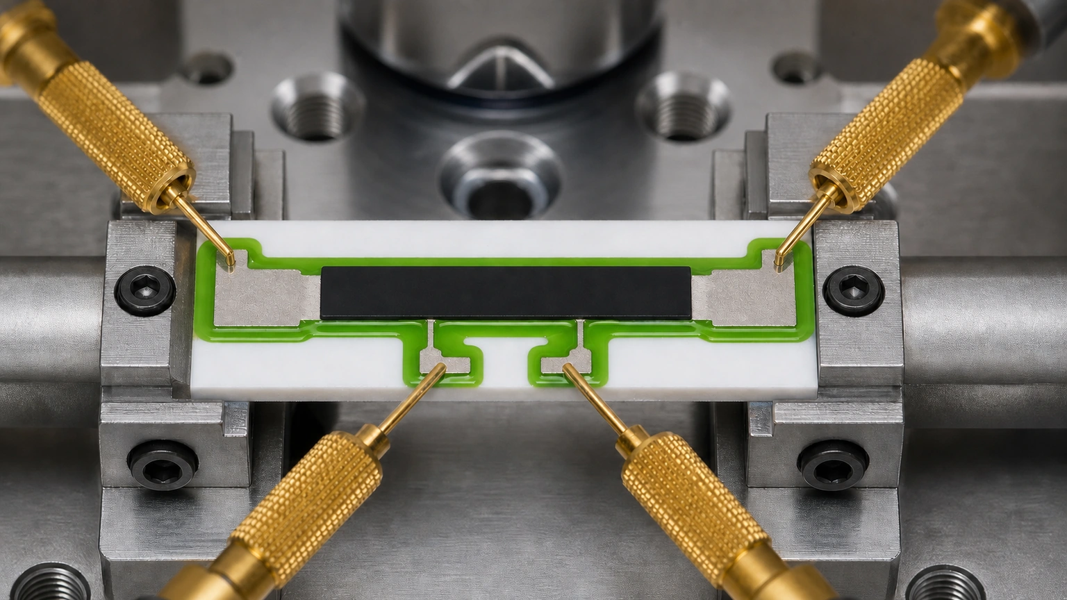 High-resolution industrial engineering scene showing four terminal resistor in a clean thick-film ceramic circuit context.