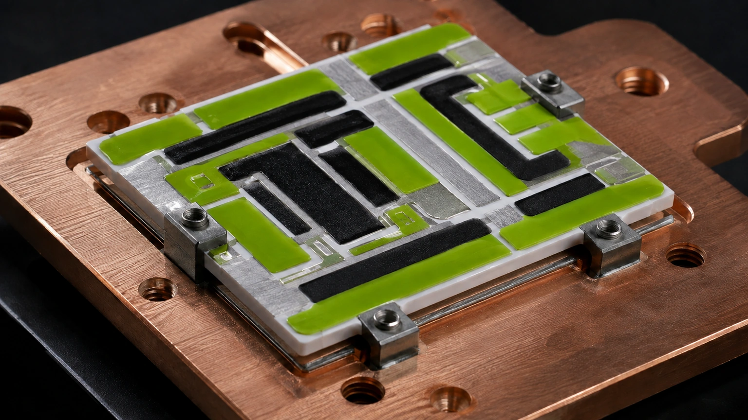 High-resolution industrial engineering scene showing heat spreader assembly in a clean thick-film ceramic circuit context.
