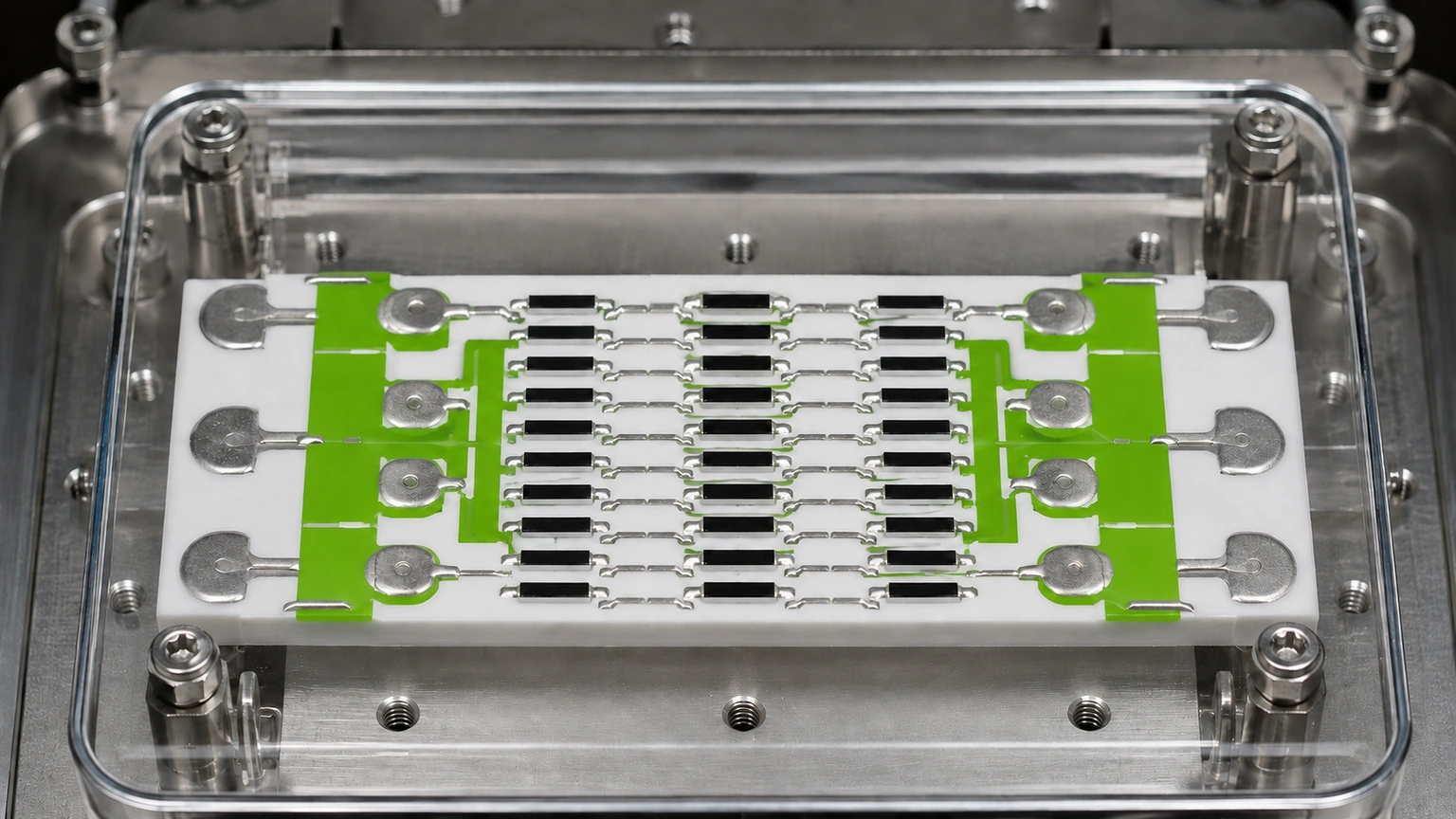 High-resolution industrial engineering scene showing hv divider fixture in a clean thick-film ceramic circuit context.