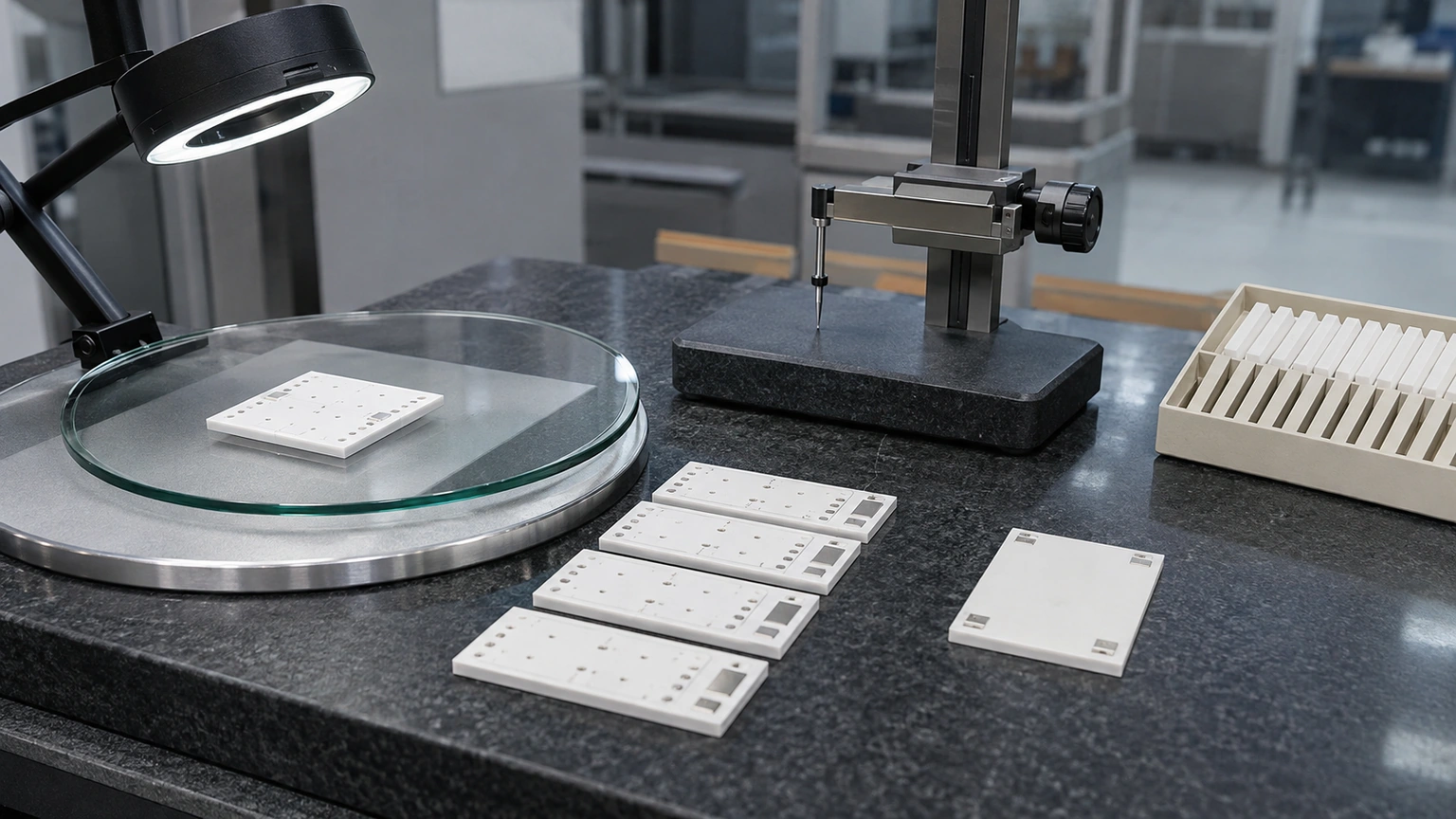 High-resolution industrial engineering scene showing incoming substrate inspection in a clean thick-film ceramic circuit context.
