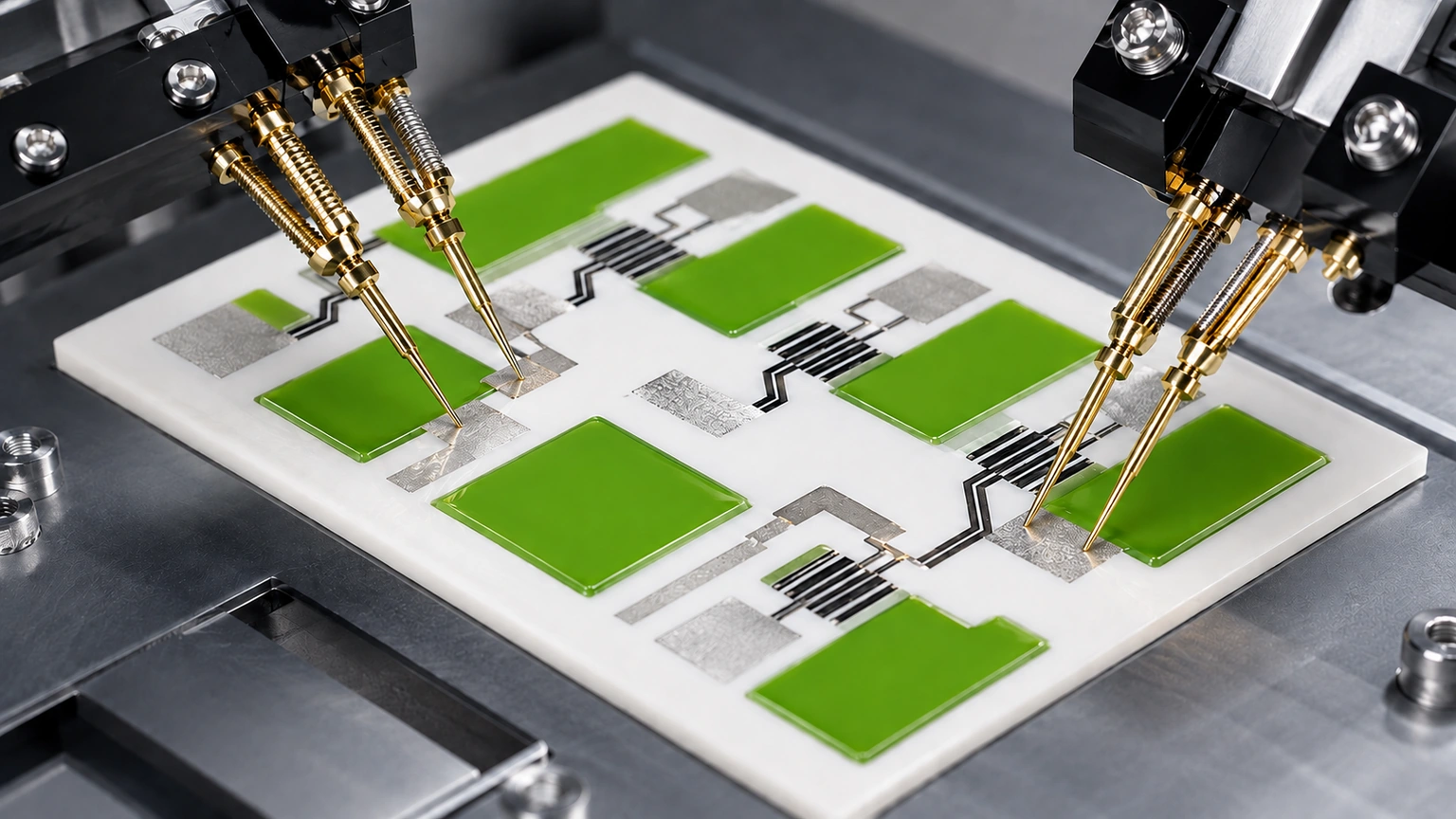 High-resolution industrial engineering scene showing kelvin measurement in a clean thick-film ceramic circuit context.