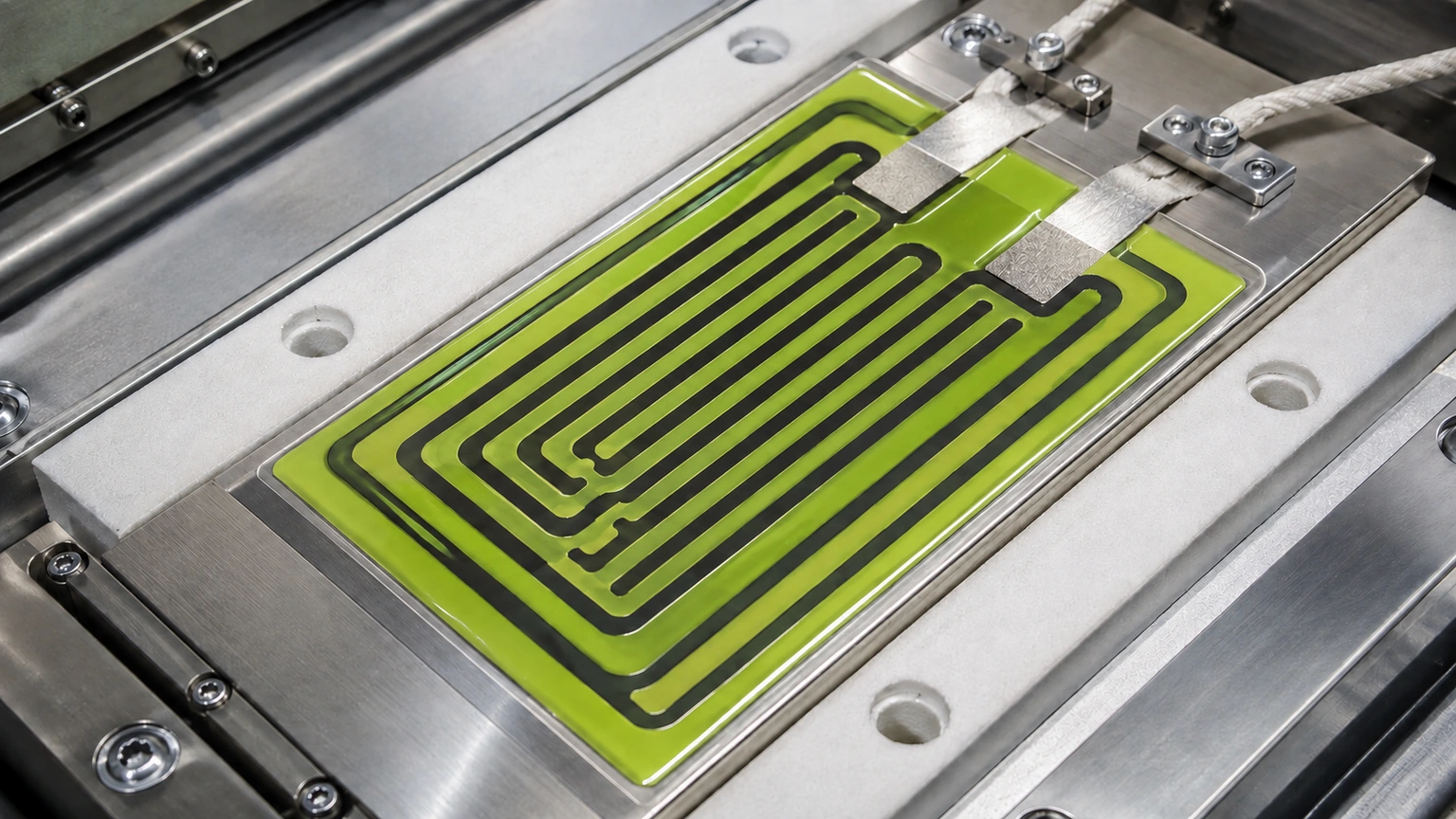 High-resolution industrial engineering scene showing metal substrate heater in a clean thick-film ceramic circuit context.