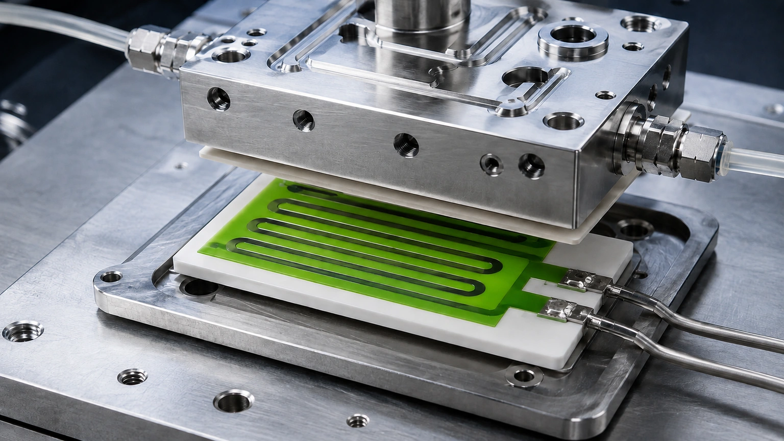 High-resolution industrial engineering scene showing microfluidic heater in a clean thick-film ceramic circuit context.