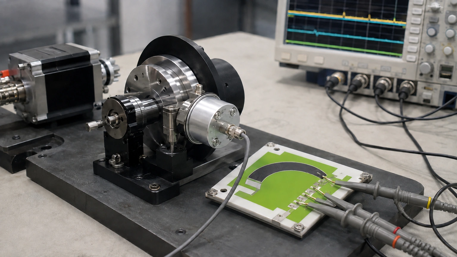 High-resolution industrial engineering scene showing motor feedback bench for thick-film ceramic circuit review.