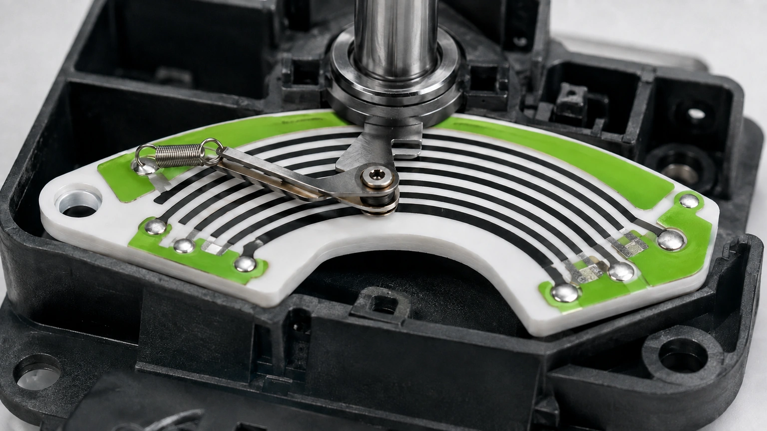 High-resolution industrial engineering scene showing motor feedback card in a clean thick-film ceramic circuit context.