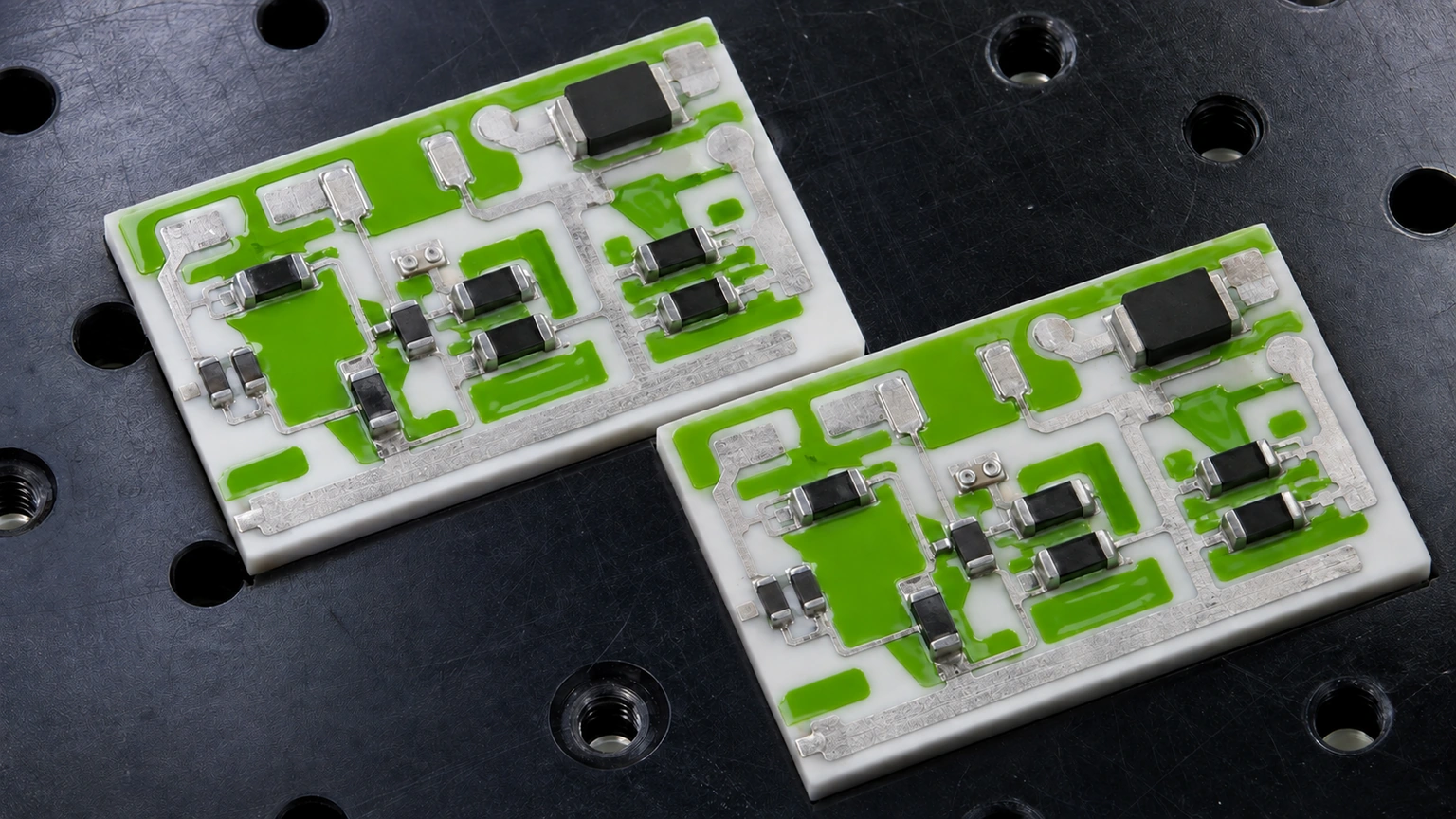 High-resolution industrial engineering scene showing optical inspection reference for thick-film ceramic circuit review.