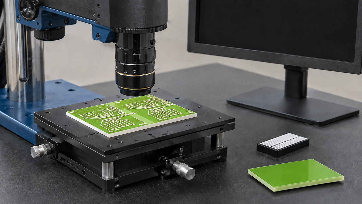 High-resolution industrial engineering scene showing optical inspection in a clean thick-film ceramic circuit context.