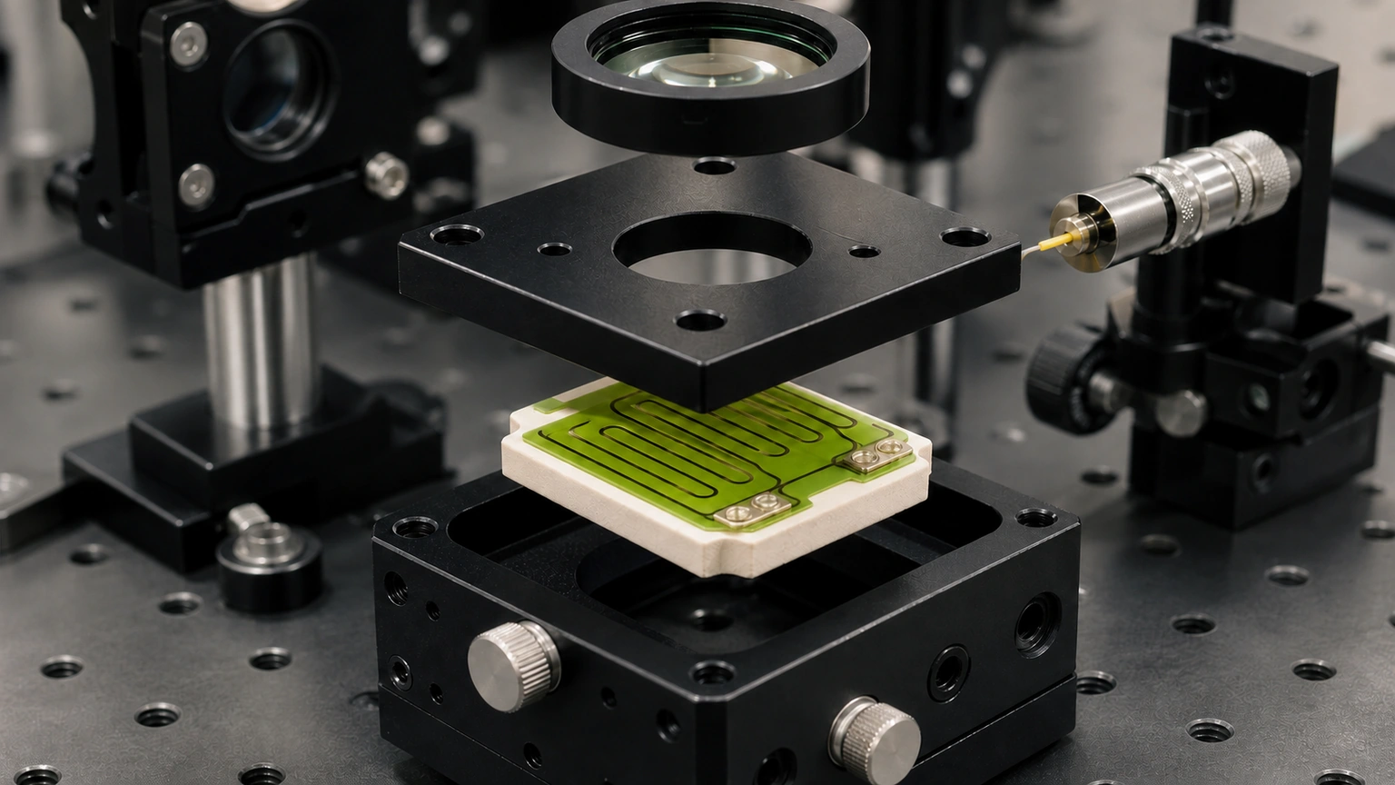 High-resolution industrial engineering scene showing optical platform heater in a clean thick-film ceramic circuit context.