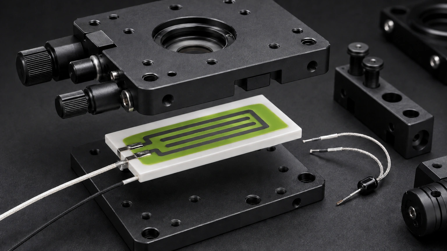 High-resolution industrial engineering scene showing optical stage heater in a clean thick-film ceramic circuit context.