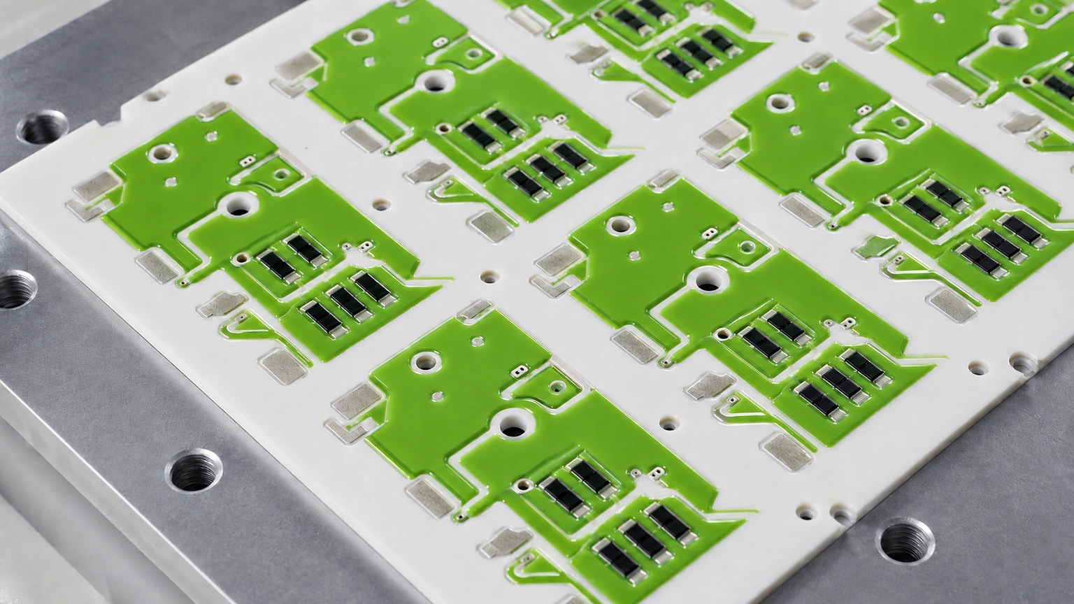 High-resolution industrial engineering scene showing overglaze panel in a clean thick-film ceramic circuit context.