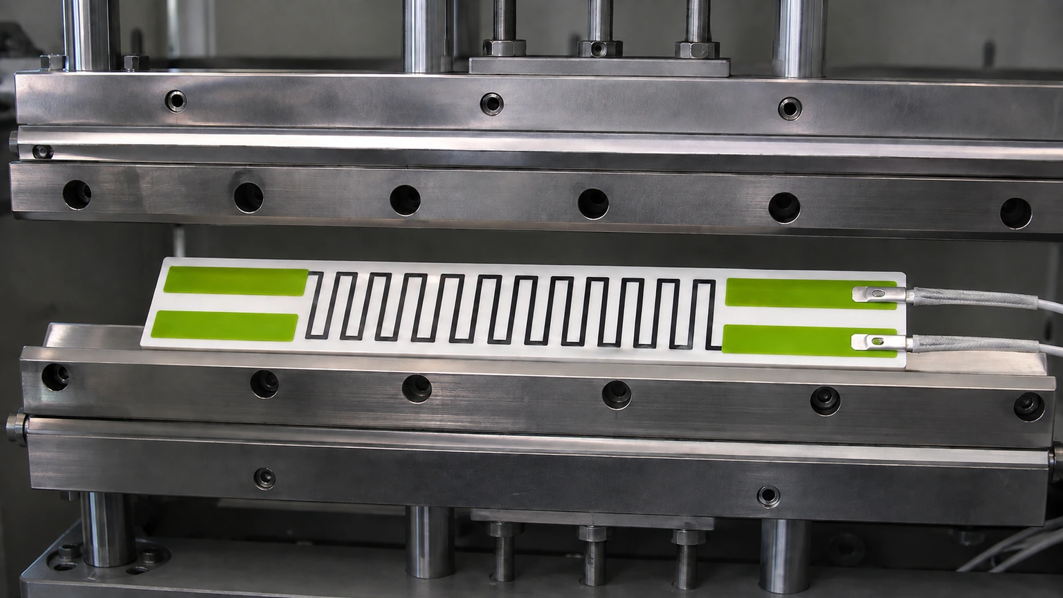 High-resolution industrial engineering scene showing packaging seal heater in a clean thick-film ceramic circuit context.
