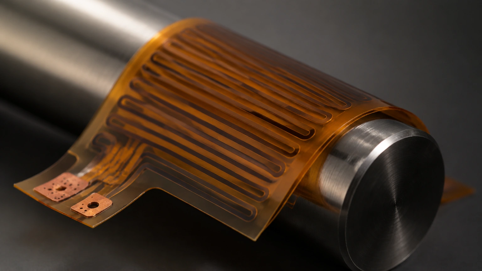 High-resolution industrial engineering scene showing pi flex heater in a clean thick-film ceramic circuit context.