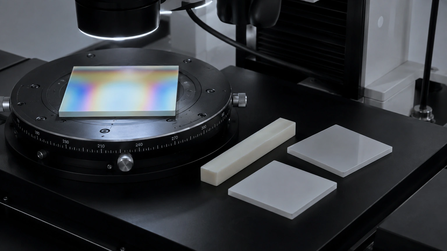 High-resolution industrial engineering scene showing polarized substrate inspection in a clean thick-film ceramic circuit context.