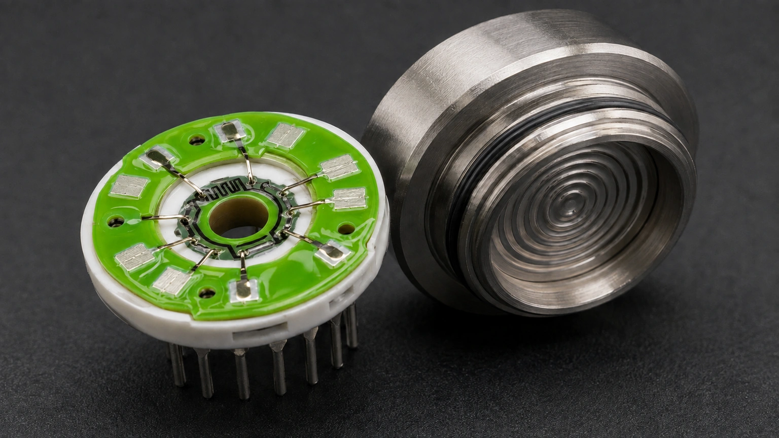 High-resolution industrial engineering scene showing pressure sensor interface in a clean thick-film ceramic circuit context.