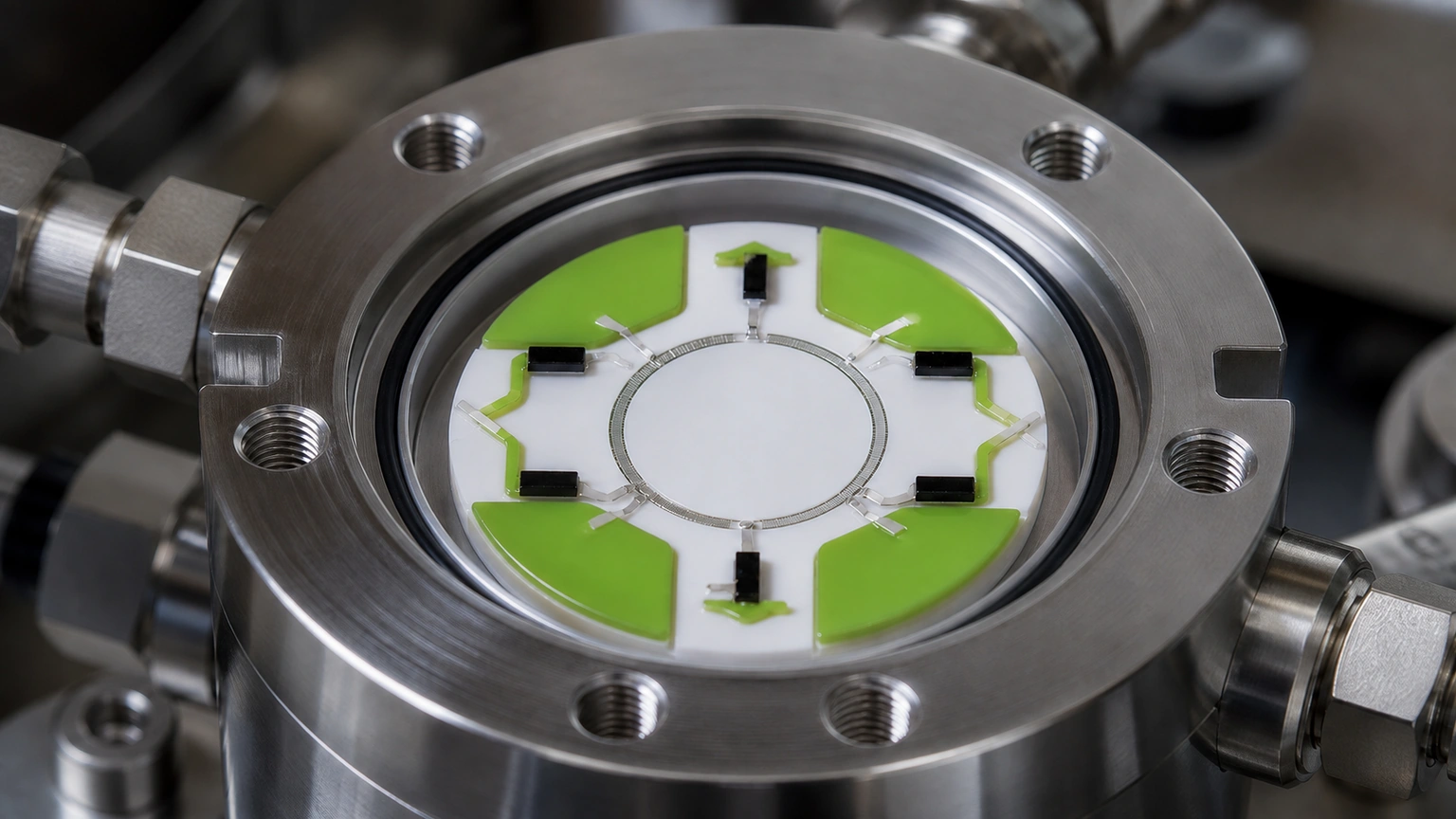 High-resolution industrial engineering scene showing pressure sensor in a clean thick-film ceramic circuit context.
