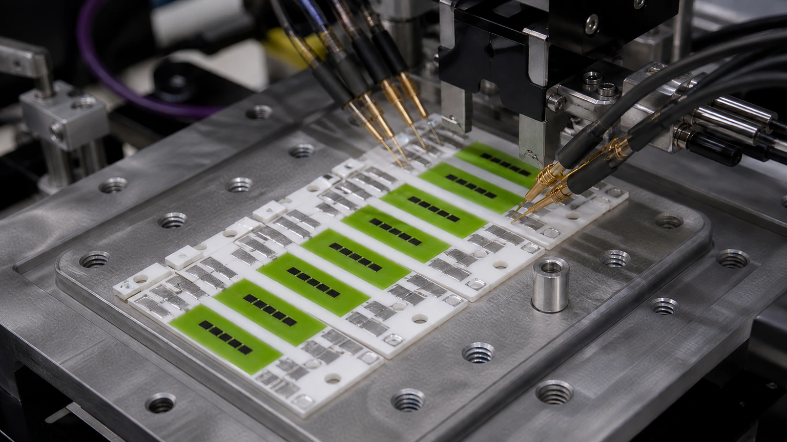 High-resolution industrial engineering scene showing resistor array characterization in a clean thick-film ceramic circuit context.