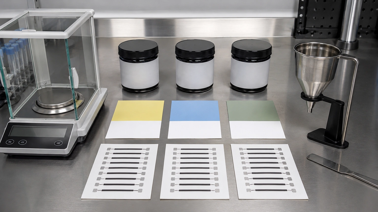 High-resolution industrial engineering scene showing resistor paste comparison for thick-film ceramic circuit review.
