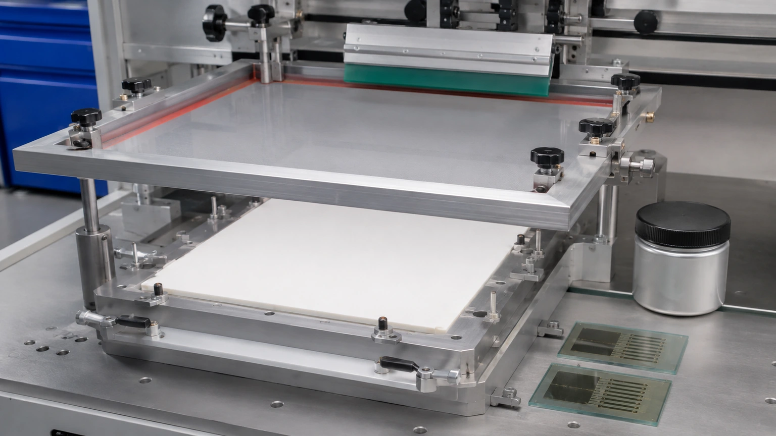 High-resolution industrial engineering scene showing screen printing prep in a clean thick-film ceramic circuit context.