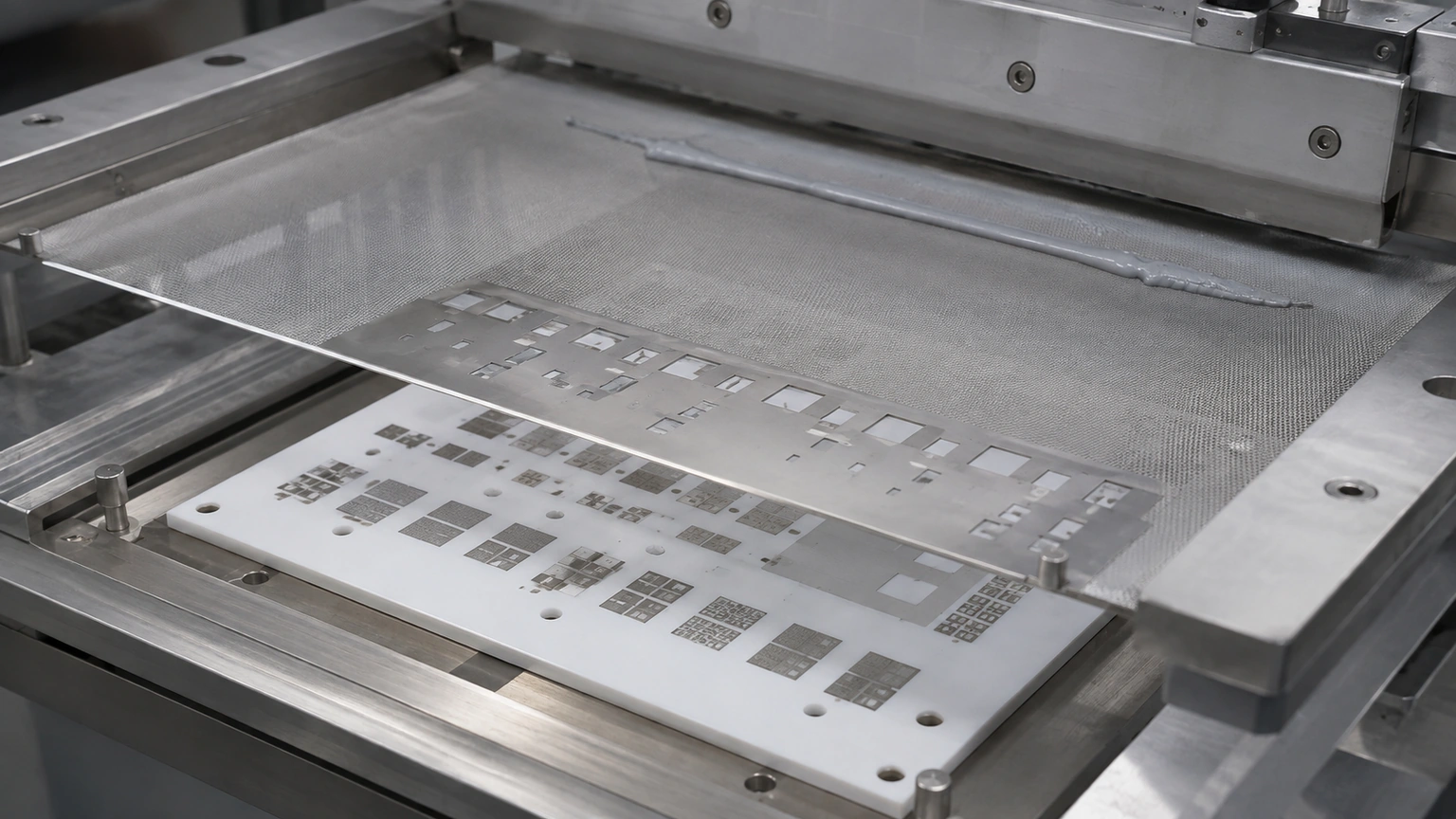 High-resolution industrial engineering scene showing screen registration in a clean thick-film ceramic circuit context.