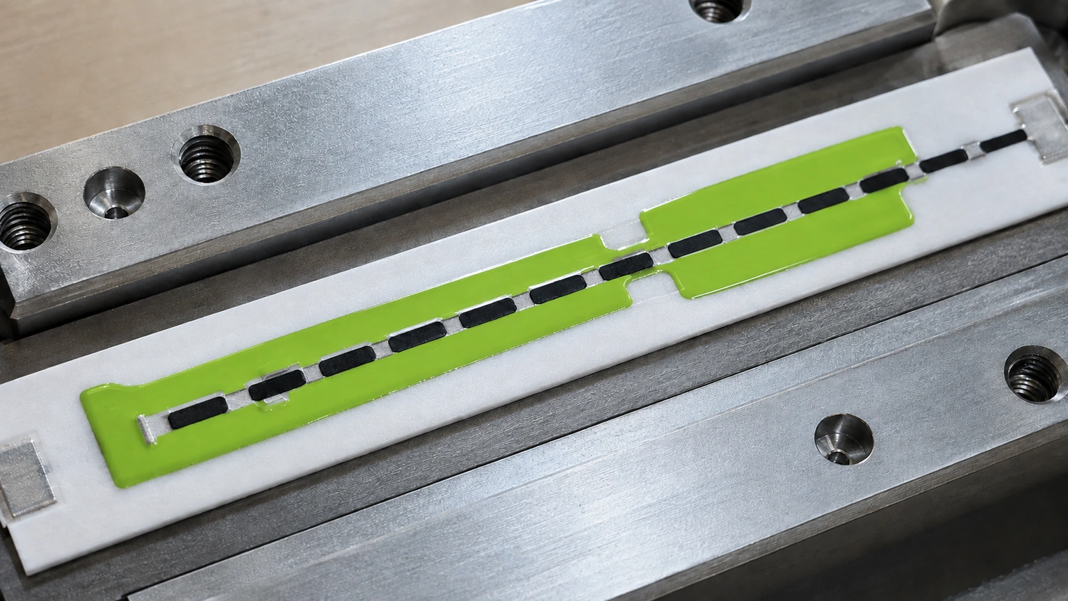 High-resolution industrial engineering scene showing series resistor network in a clean thick-film ceramic circuit context.