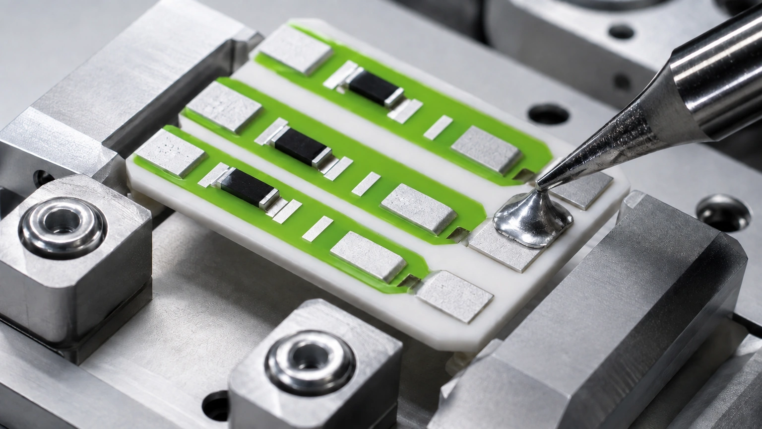 High-resolution industrial engineering scene showing solderability evaluation in a clean thick-film ceramic circuit context.