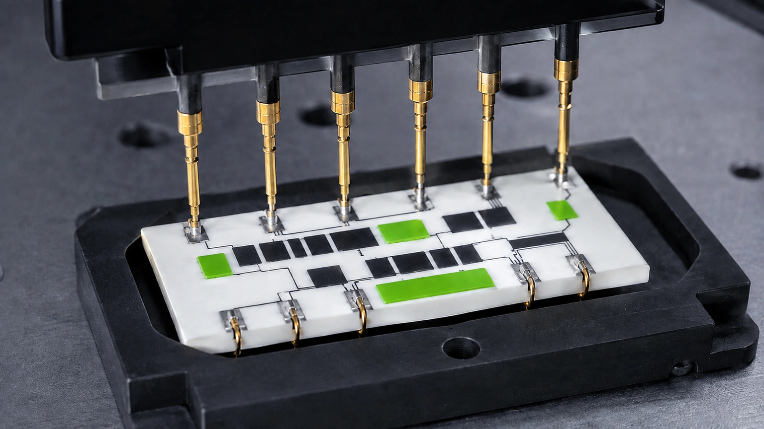 High-resolution industrial engineering scene showing spring probe fixture in a clean thick-film ceramic circuit context.