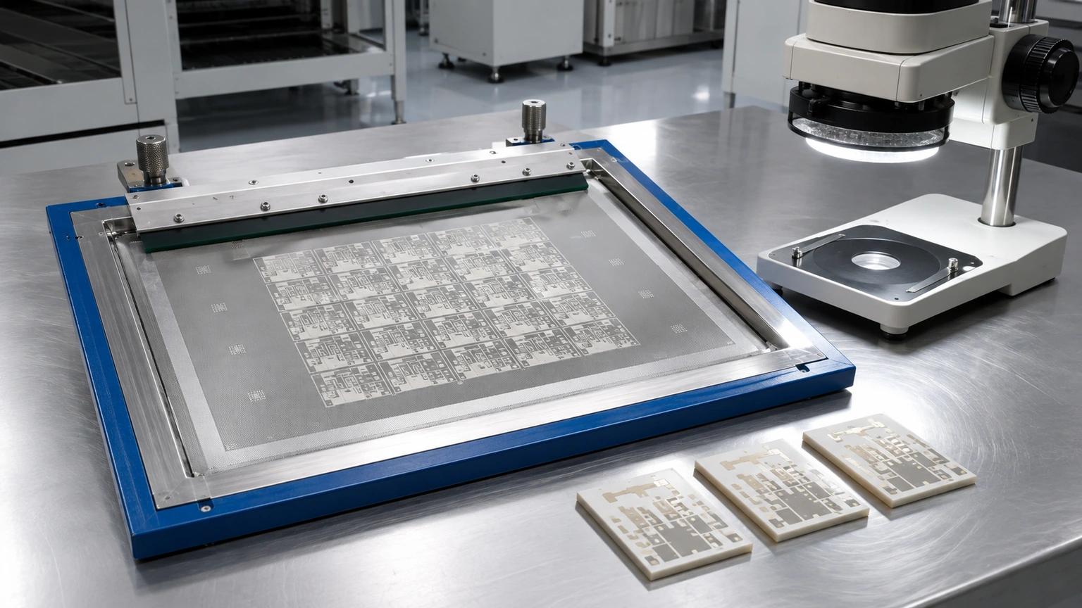 High-resolution industrial engineering scene showing stencil inspection in a clean thick-film ceramic circuit context.