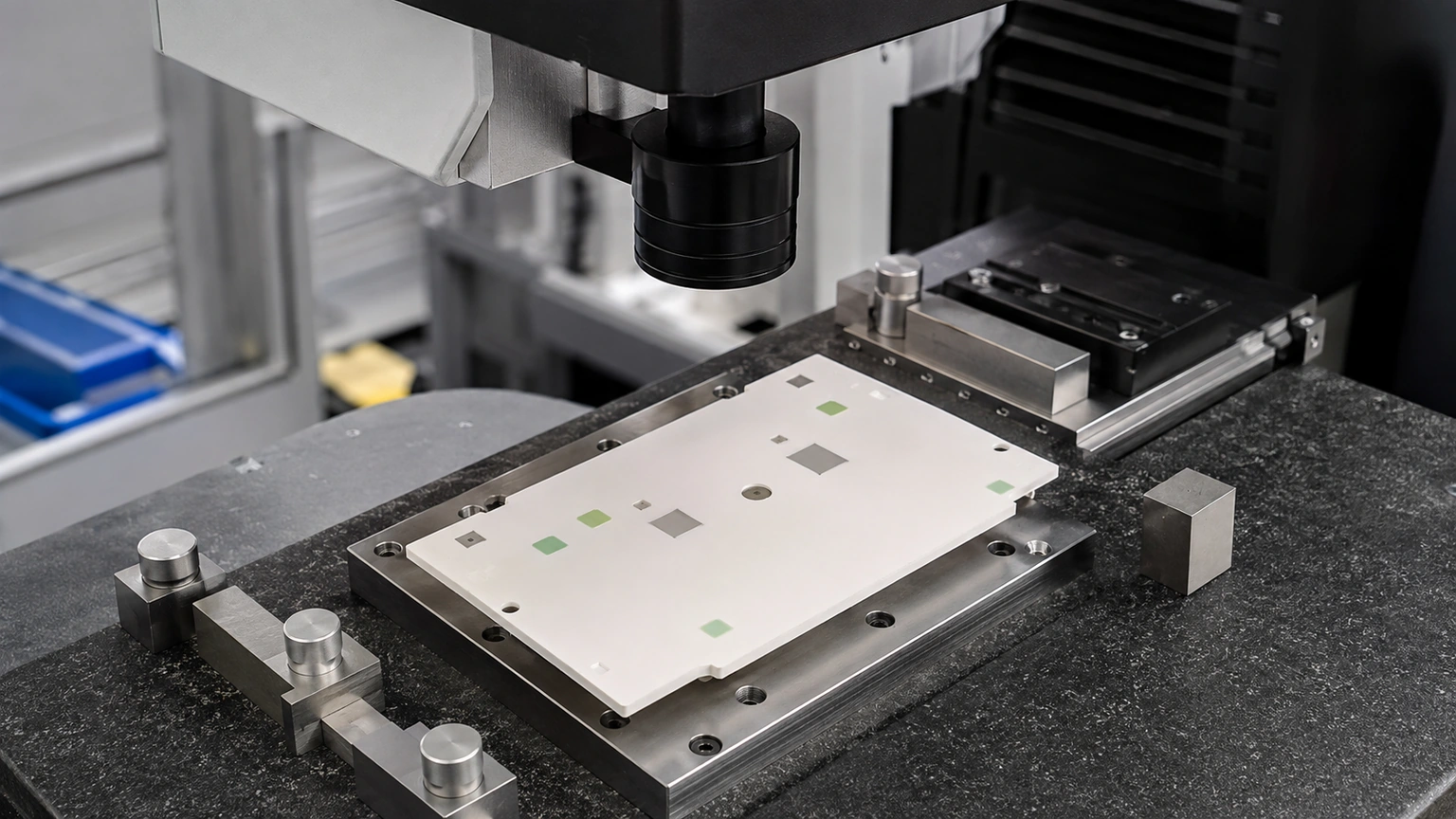 High-resolution industrial engineering scene showing substrate metrology in a clean thick-film ceramic circuit context.