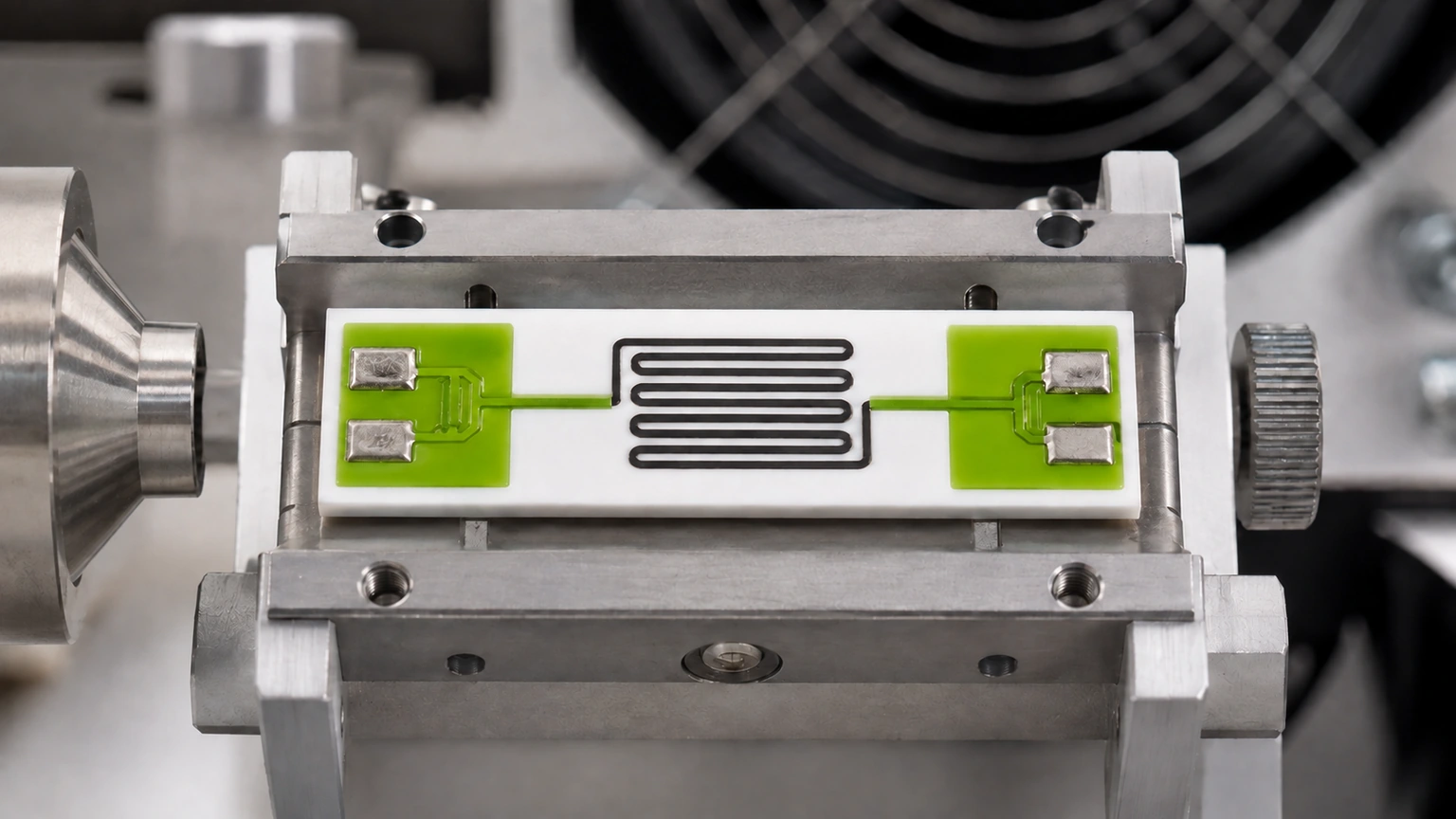 High-resolution industrial engineering scene showing temperature sensor in a clean thick-film ceramic circuit context.