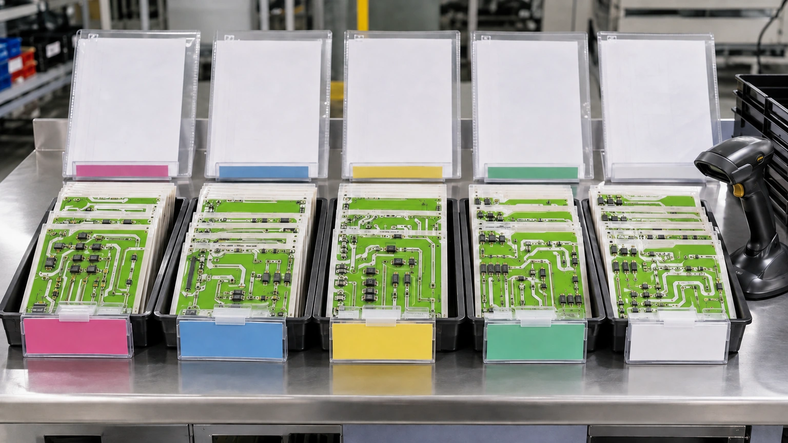 High-resolution industrial engineering scene showing traceability trays for thick-film ceramic circuit review.