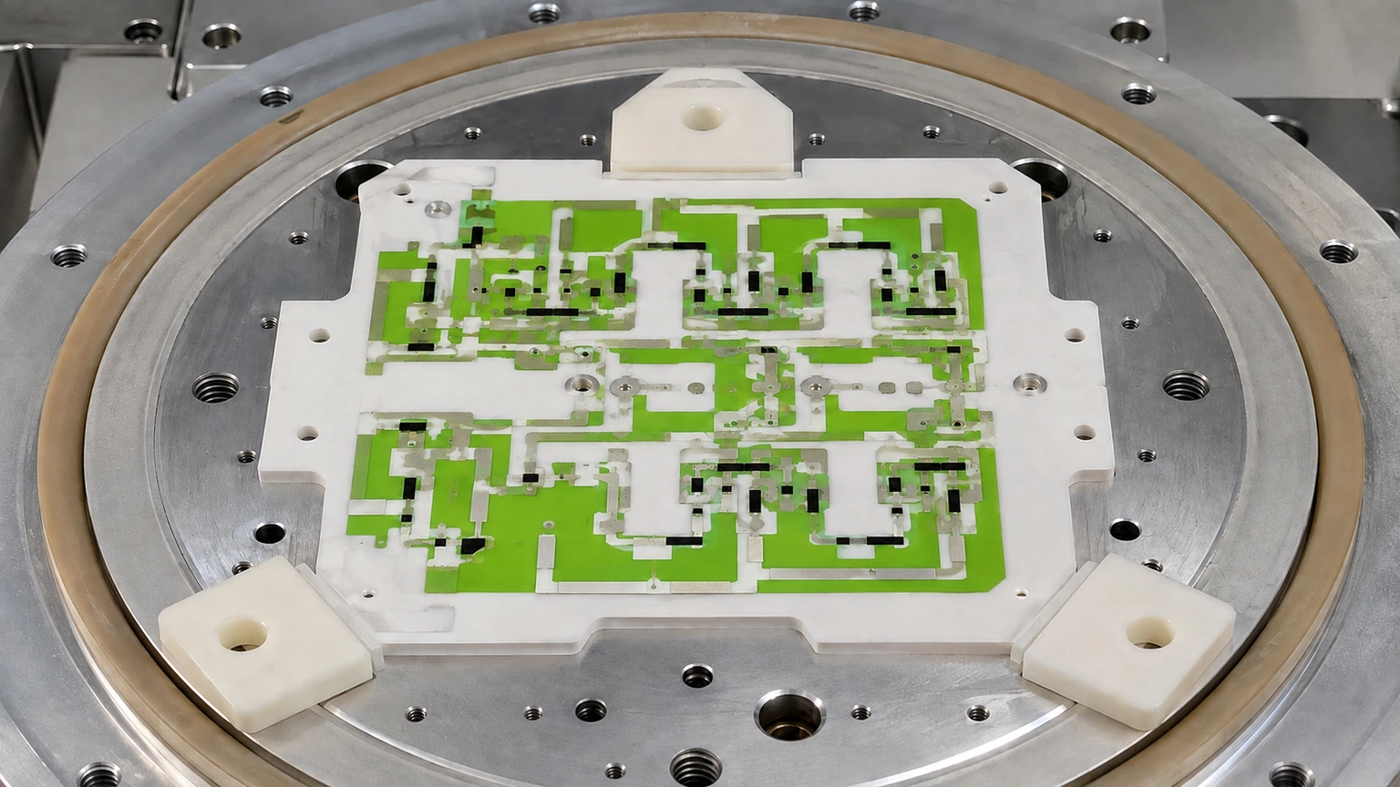 High-resolution industrial engineering scene showing vacuum chuck support for thick-film ceramic circuit review.
