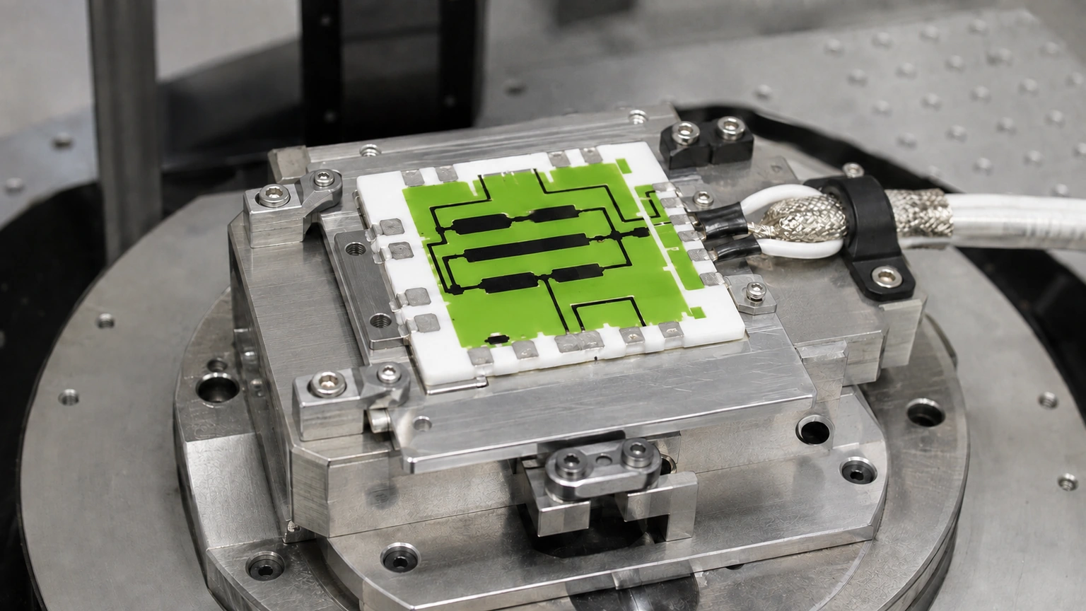 High-resolution industrial engineering scene showing vibration fixture in a clean thick-film ceramic circuit context.